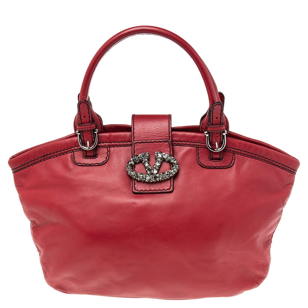 Pre Owned  Valentino Burgundy Leather Crystal Jeweled V-logo Satchel