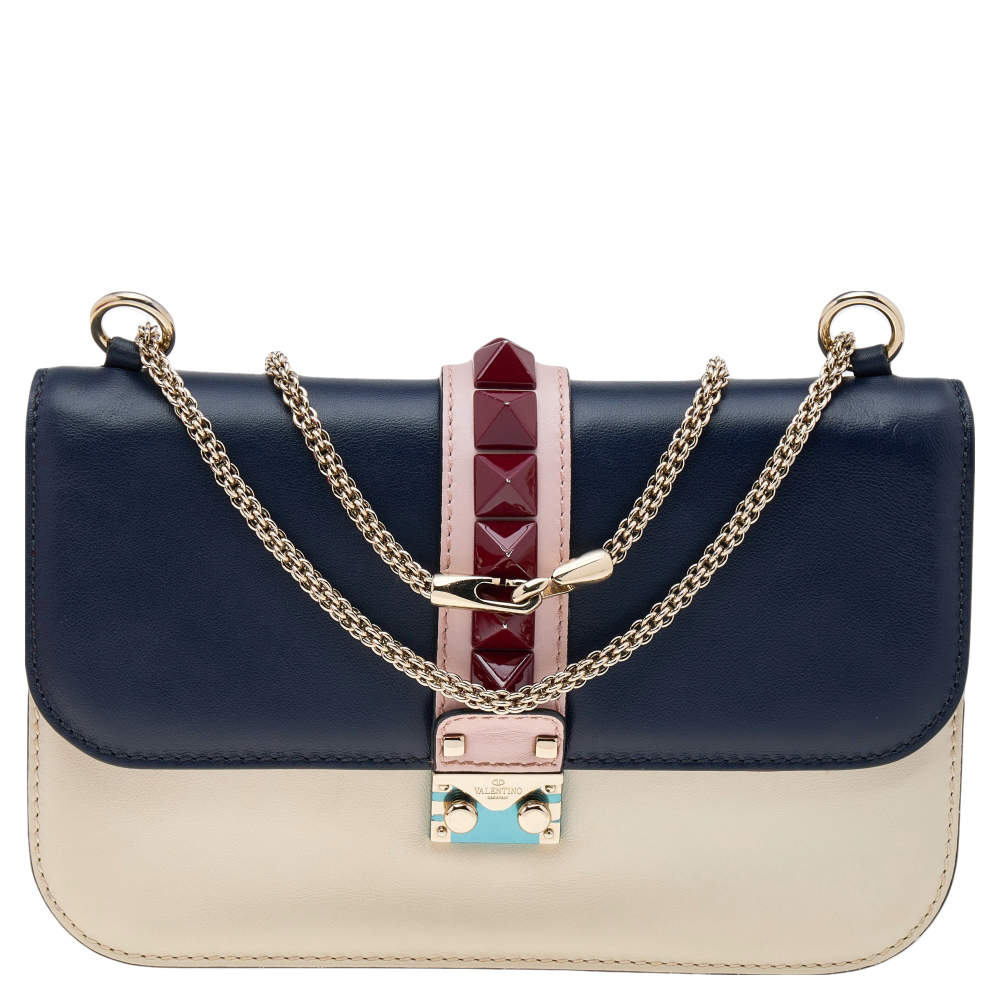 مملوكة مسبقًا Valentino Tri Color Leather Rockstud Medium Glam Lock Flap Bag