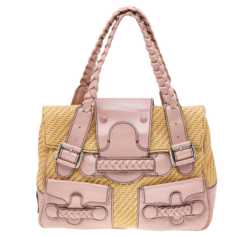 Pre Owned Valentino Beige/Pink Jute And Leather Satchel