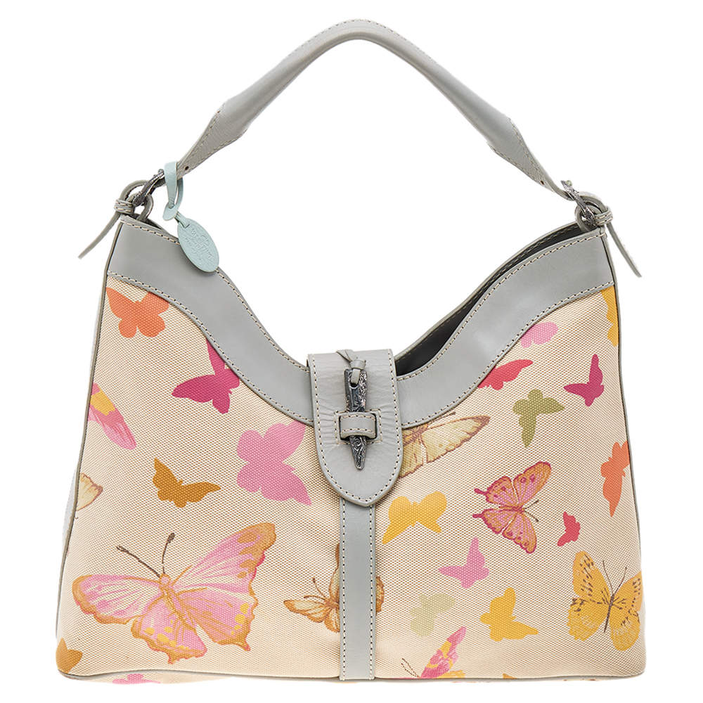 Pre Owned Valentino Multicolor Butterfly Print Canvas And Leather Hobo