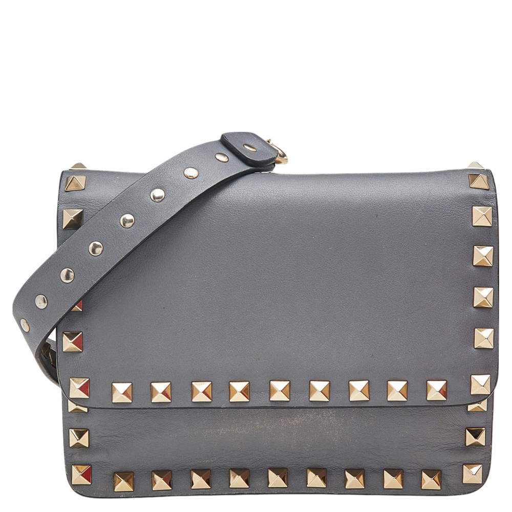 Valentino Double Zip Rockstud Leather Chain Crossbody Bag Grey