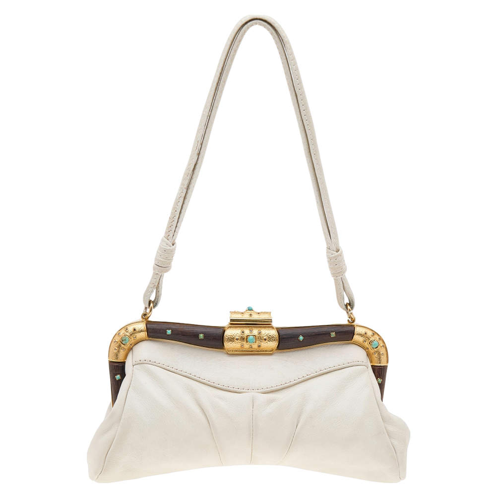 Pre Owned Valentino Beige Leather Frame Baguette Bag