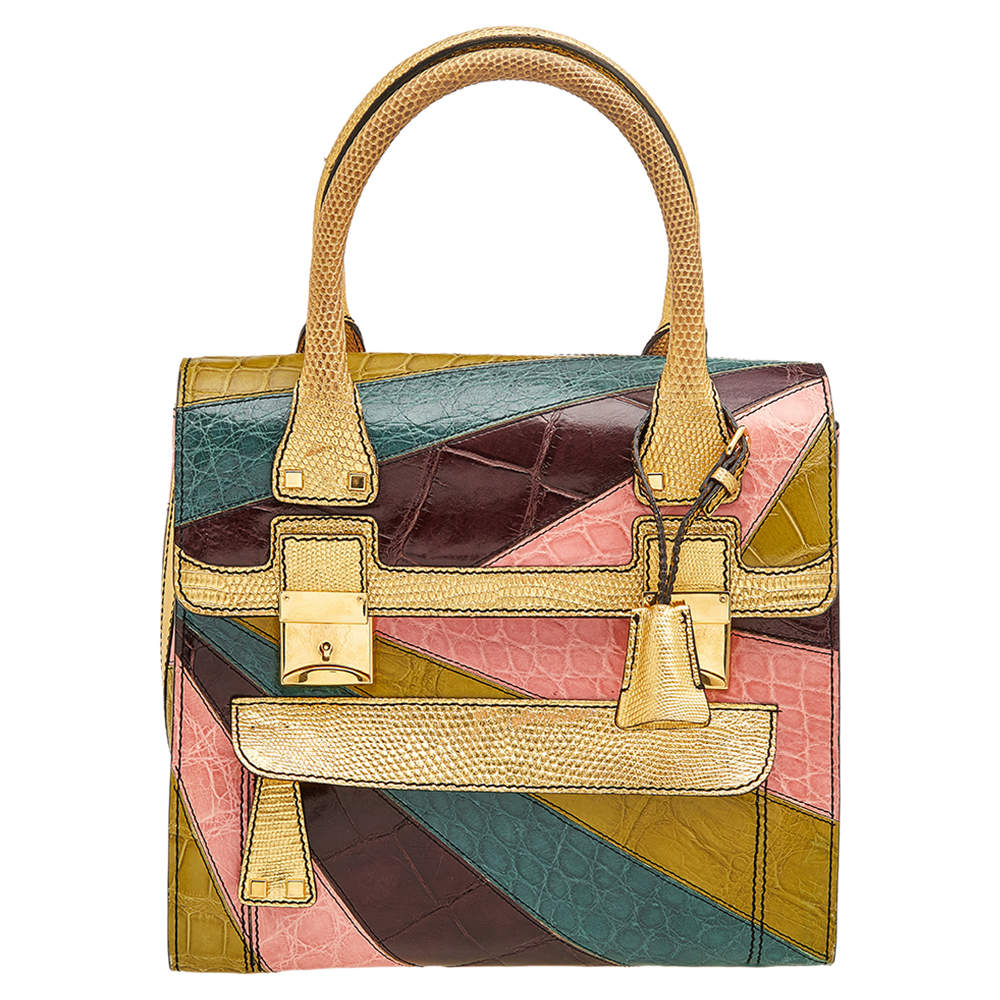 مملوكة مسبقًا Valentino Multicolor Colorblock Crocodile And Lizard Leather Rockstud Top Handle Bag