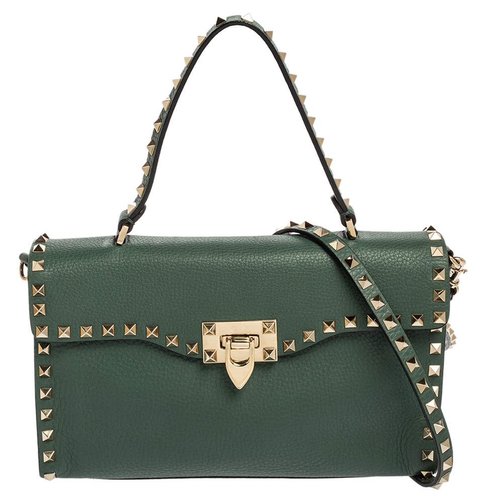 مملوكة مسبقًا حقيبة فالنتينو جلد أخضر مرصع روكستد قفل بقلاب يد علوية