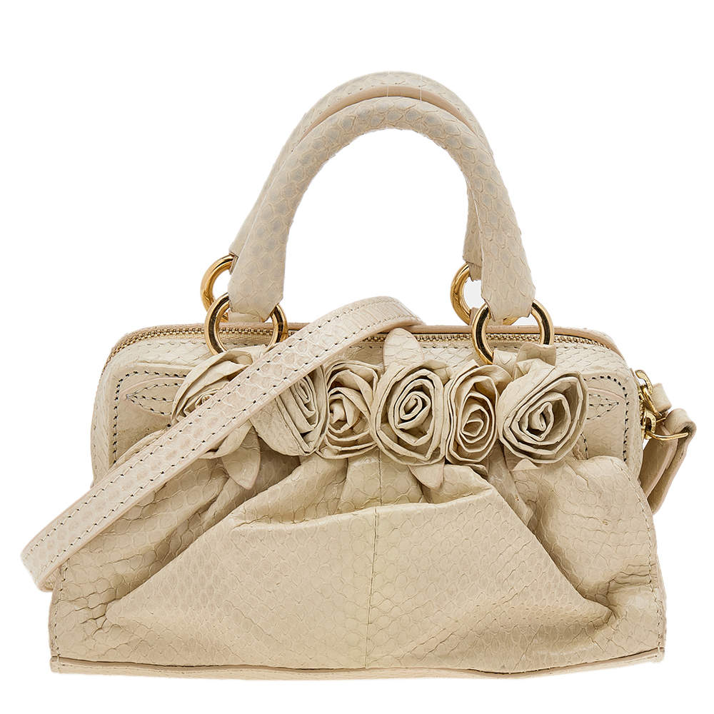 Pre Owned Valentino Cream Snakeskin Flower Appliqué Crossbody Bag