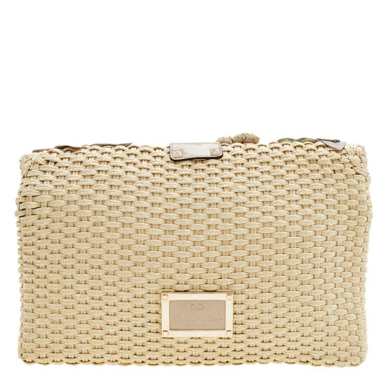 Valentino Natural Woven Raffia Flower Applique Clutch Bag - Yoogi's Closet