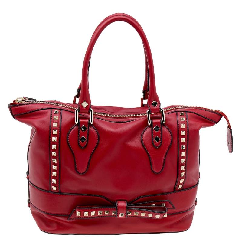 Pre Owned Valentino Red Leather Rockstud Bow Satchel