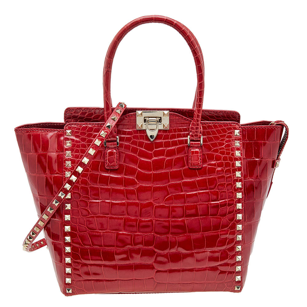 Pre Owned Valentino Red Alligator Leather Rockstud Trapeze Tote