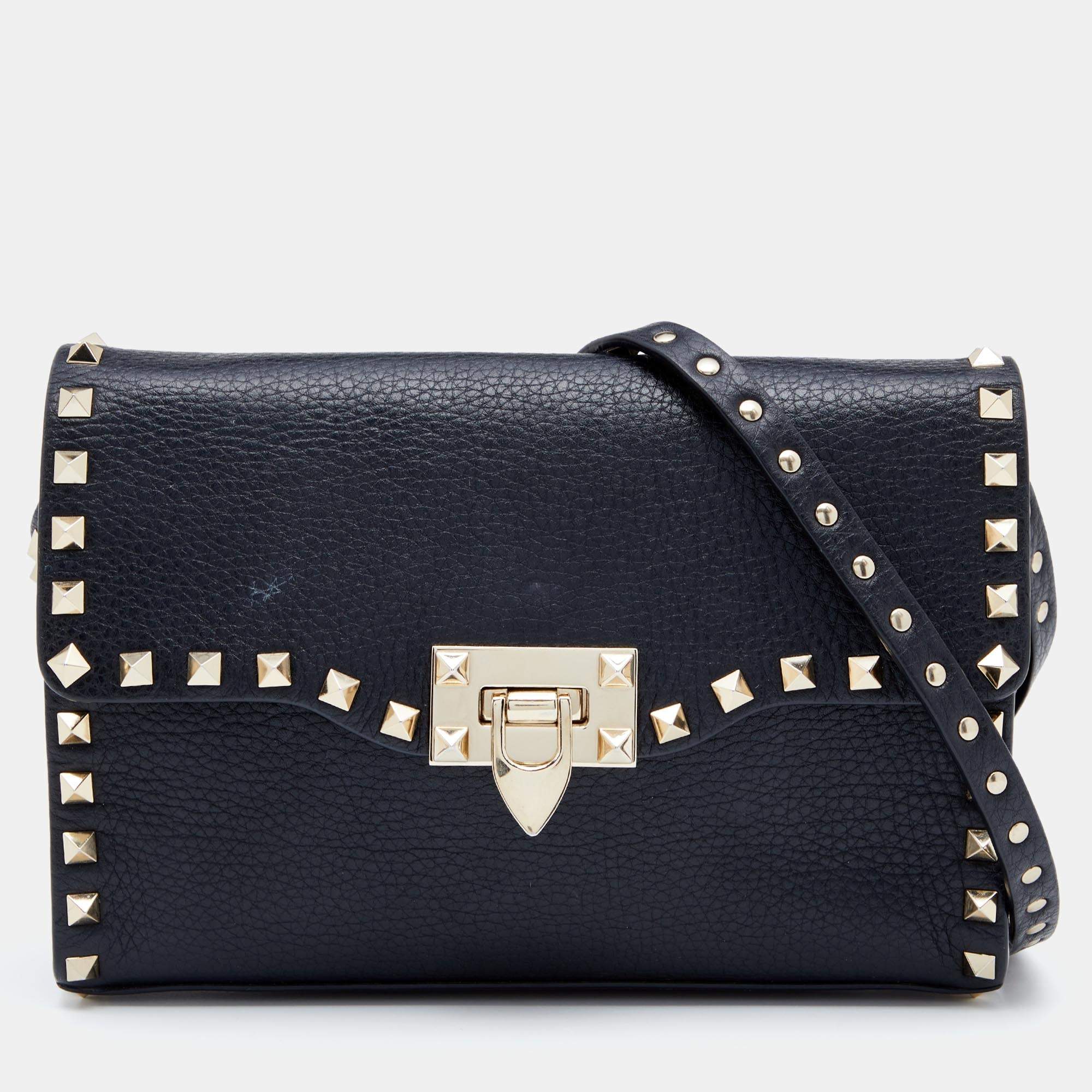 Pre Owned Valentino Black Leather Rockstud Crossbody Bag