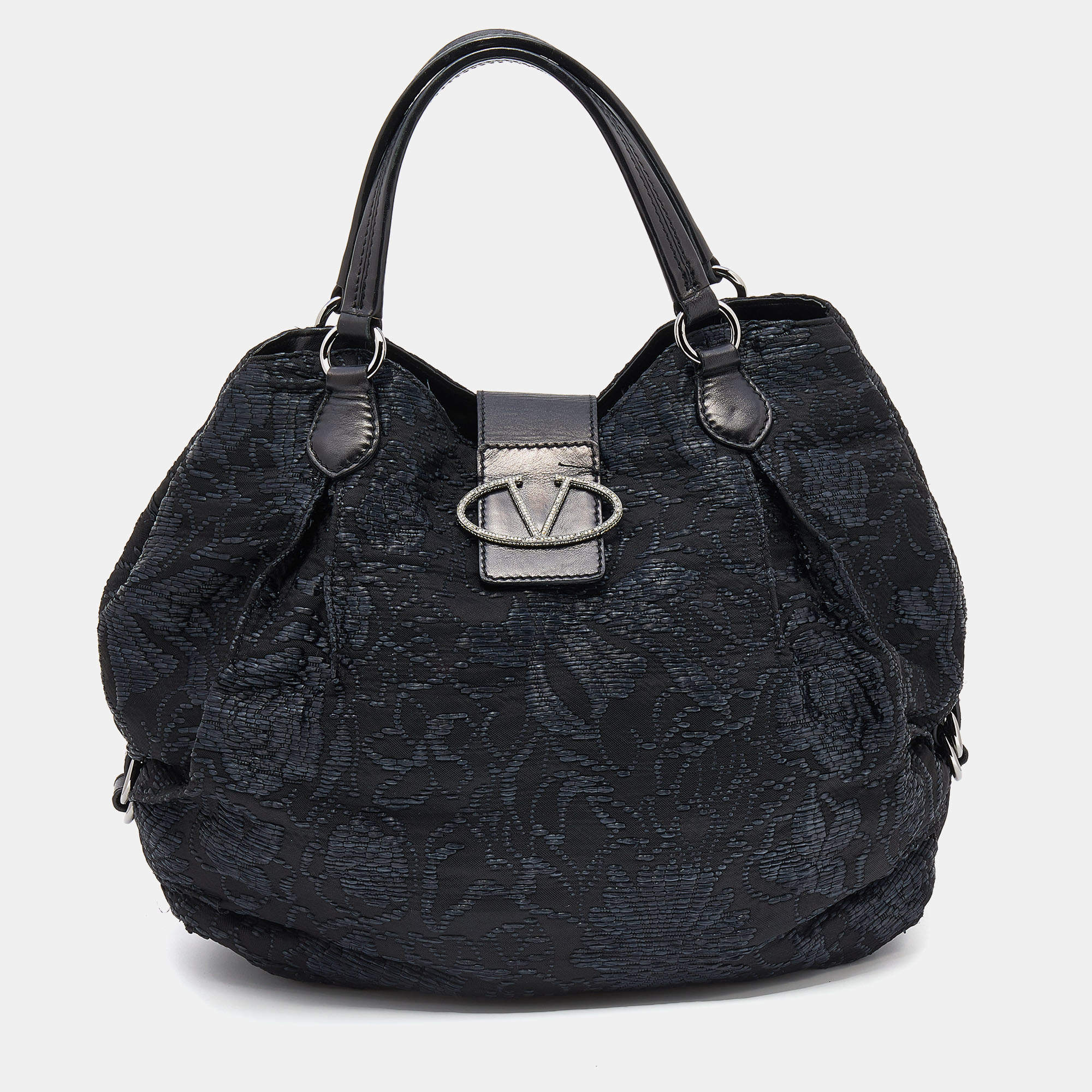Valentino Black Nylon, Straw and Leather Hobo