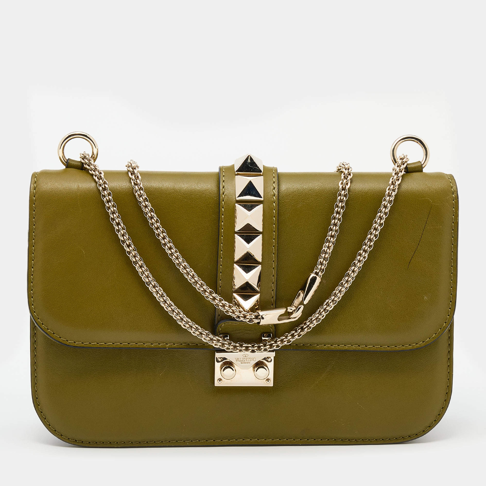 Valentino Green Leather Rockstud Medium Glam Lock Flap Bag