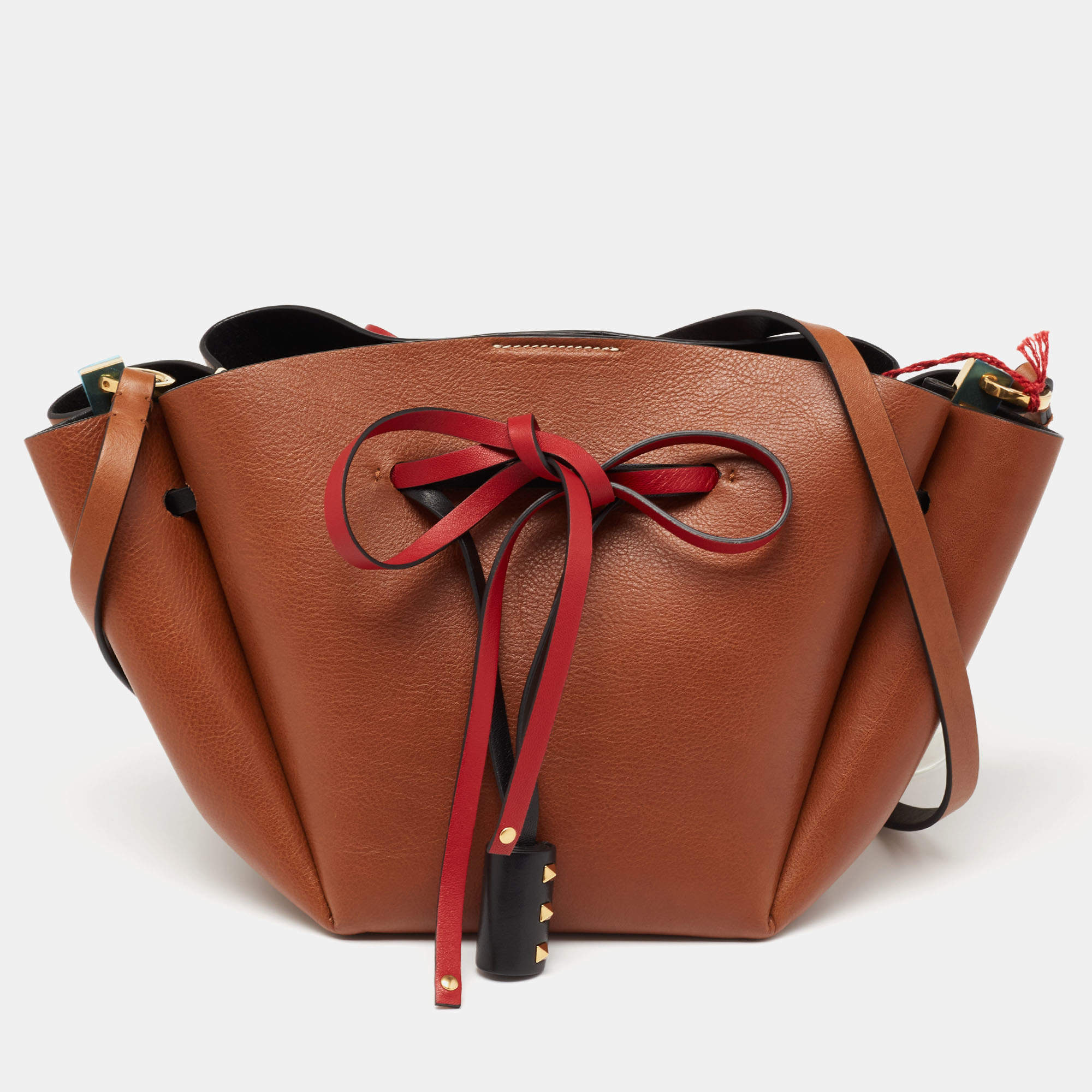 Pre Owned Valentino Brown Leather Bow Drawstring Bucket Bag