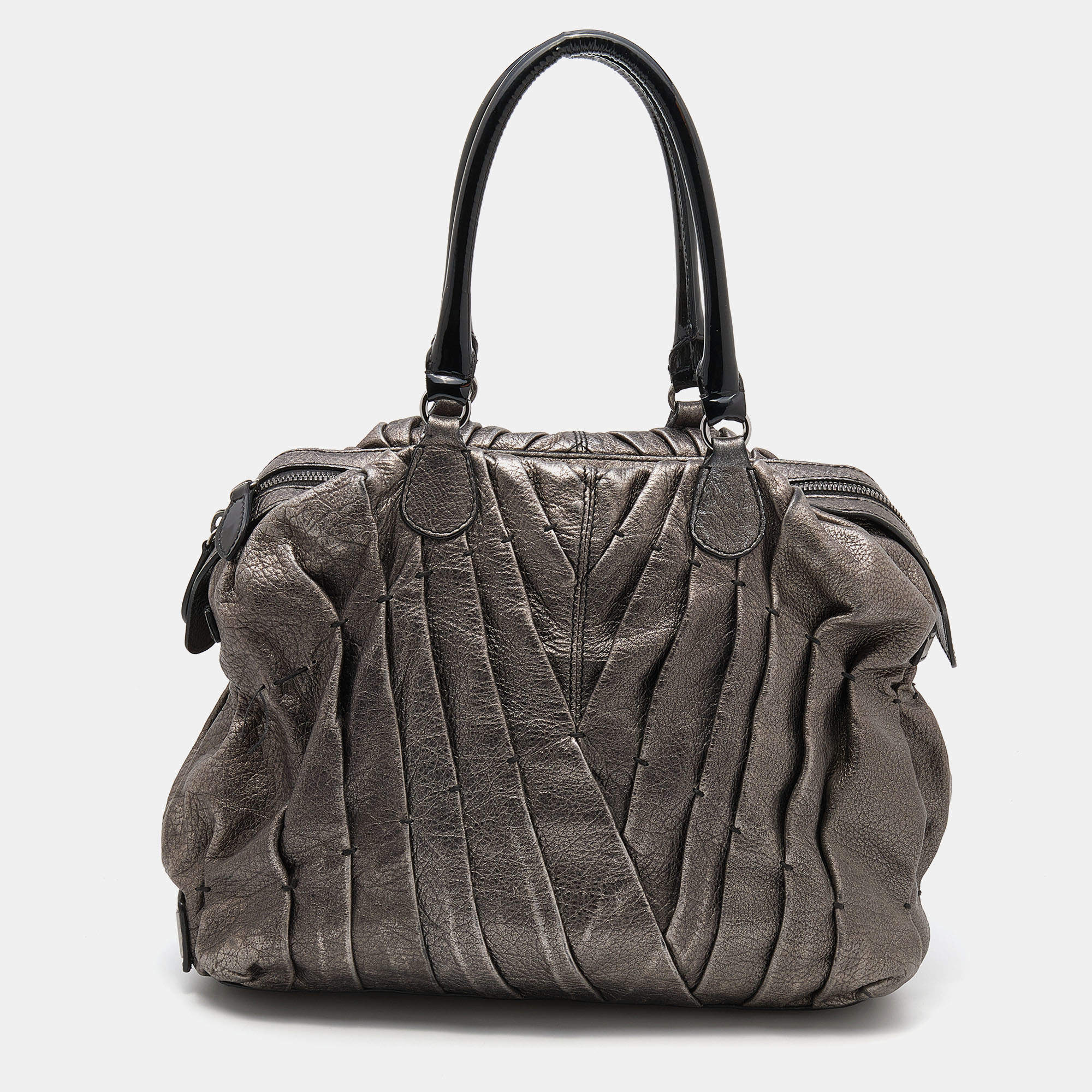 Valentino Metallic Grey Leather Maison Pintucked Shopper Tote