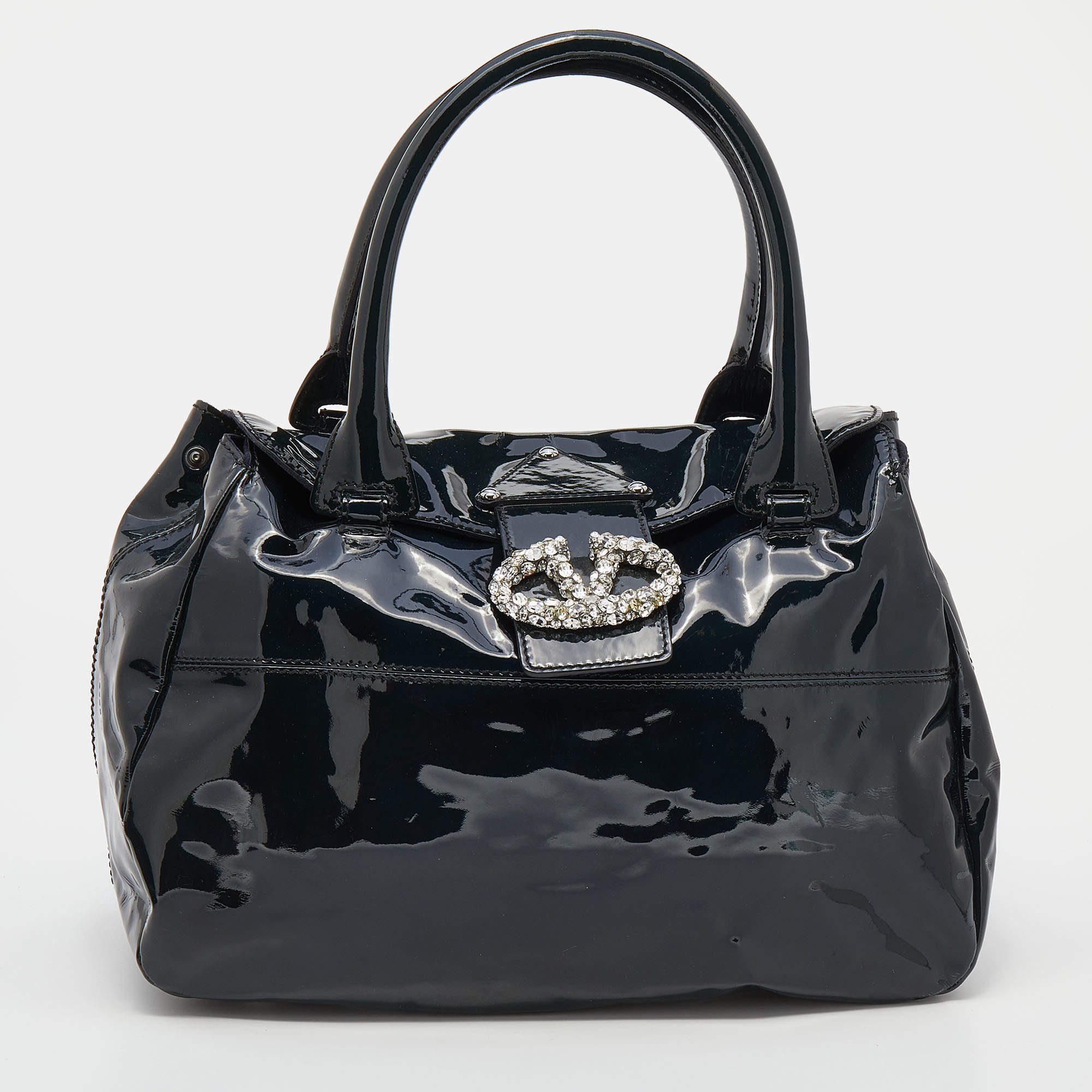 Pre Owned Valentino Navy Blue Patent Leather Crystal VLogo Satchel