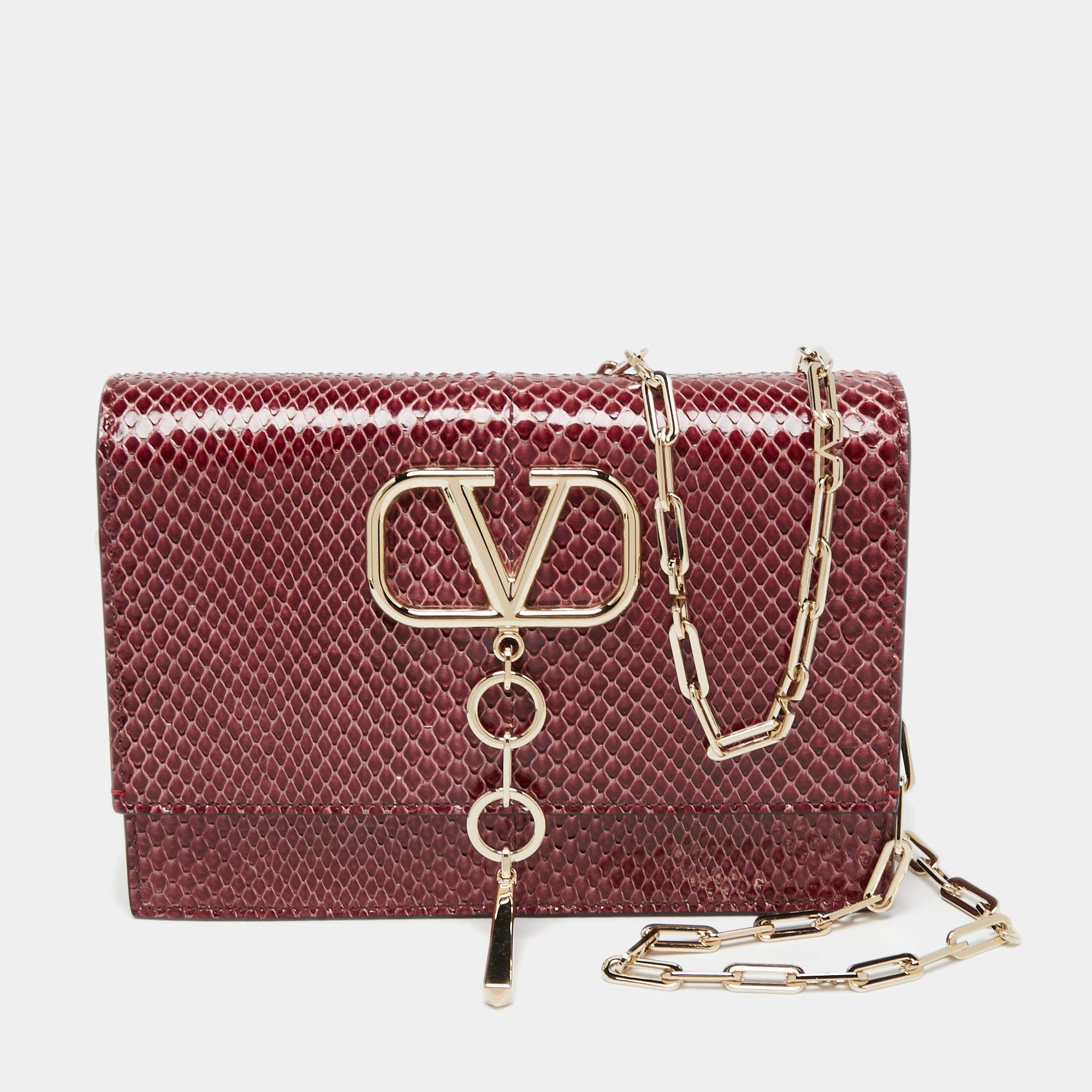 Pre Owned Valentino Red Python VLogo Flap Chain Shoulder Bag