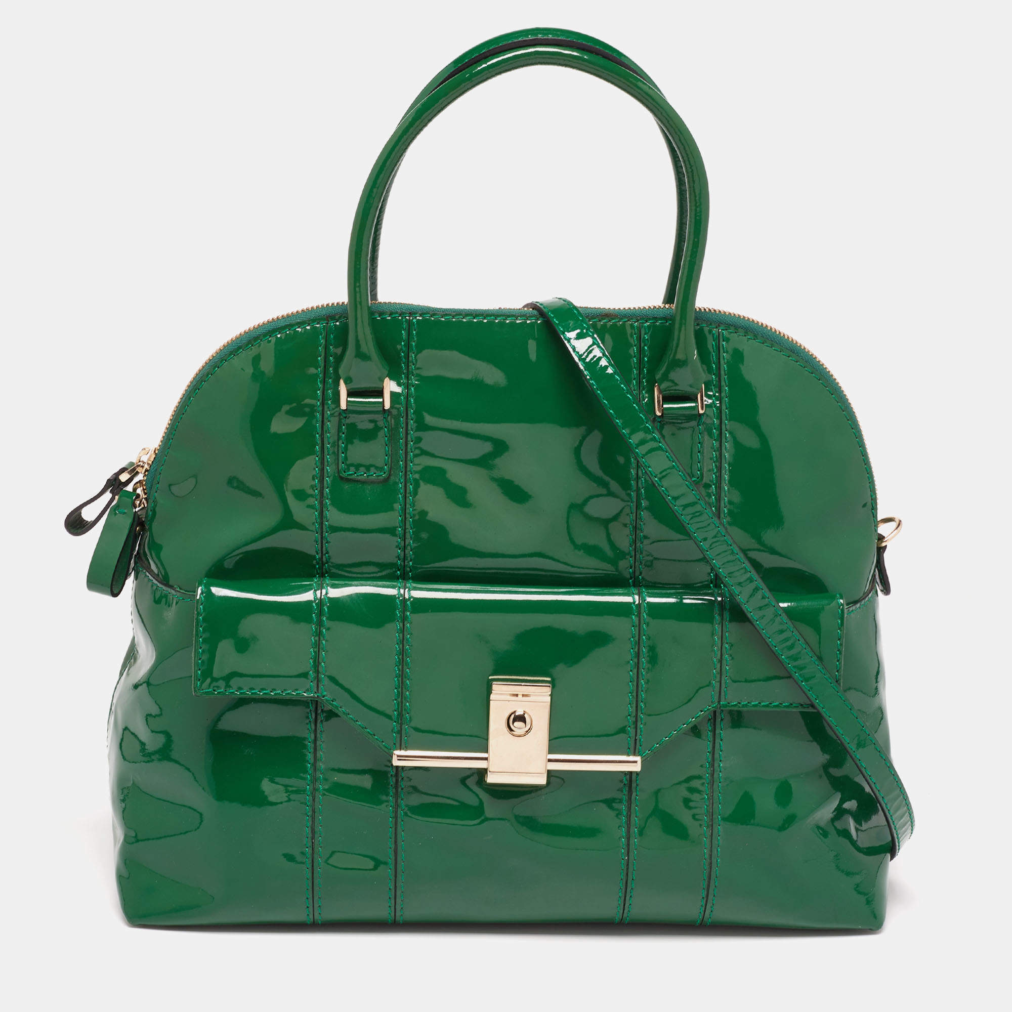 Pre Owned Valentino Green Patent Leather Front Pocket Satchel