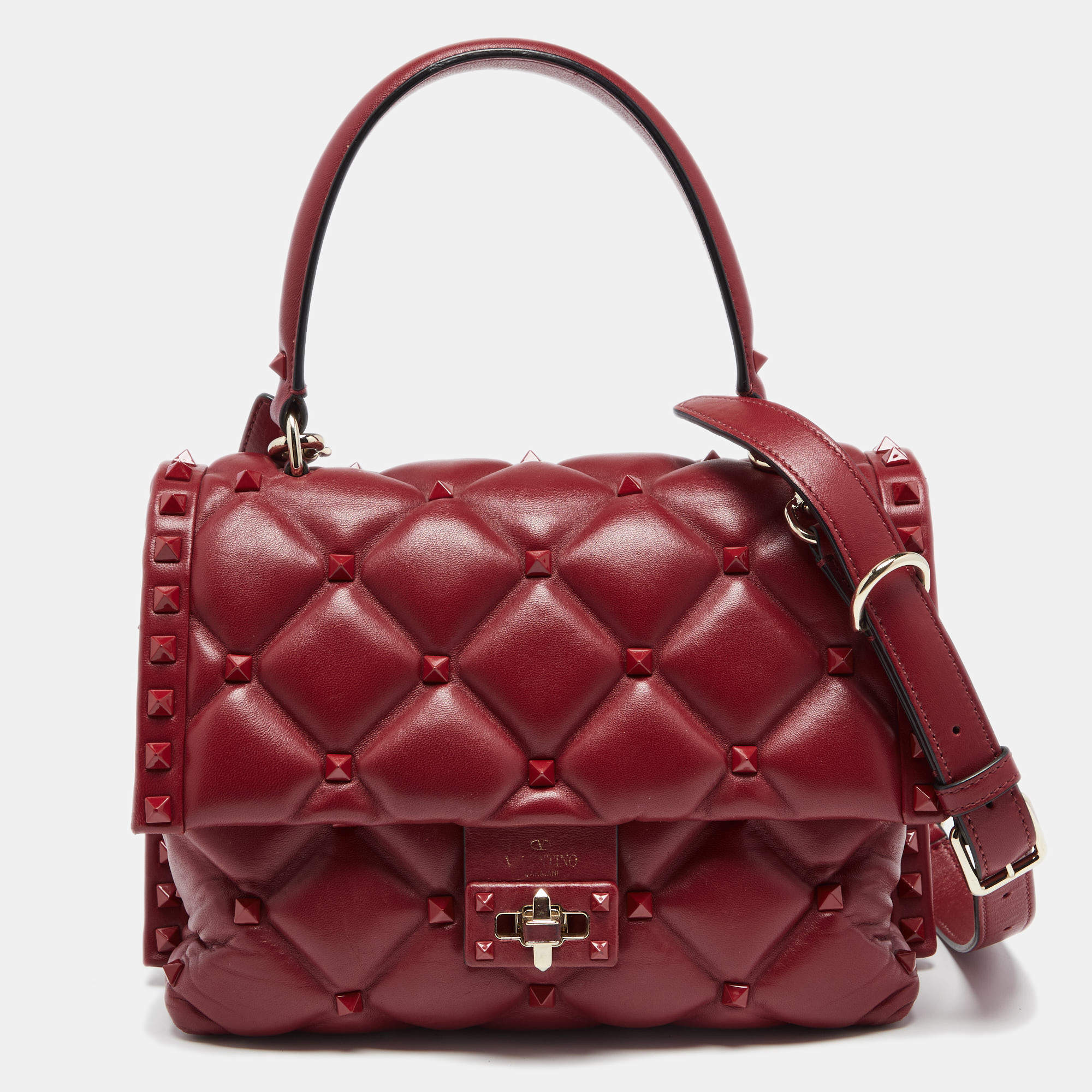 Pre Owned Valentino Red Quilted Leather Medium Candystud Top Handle Bag