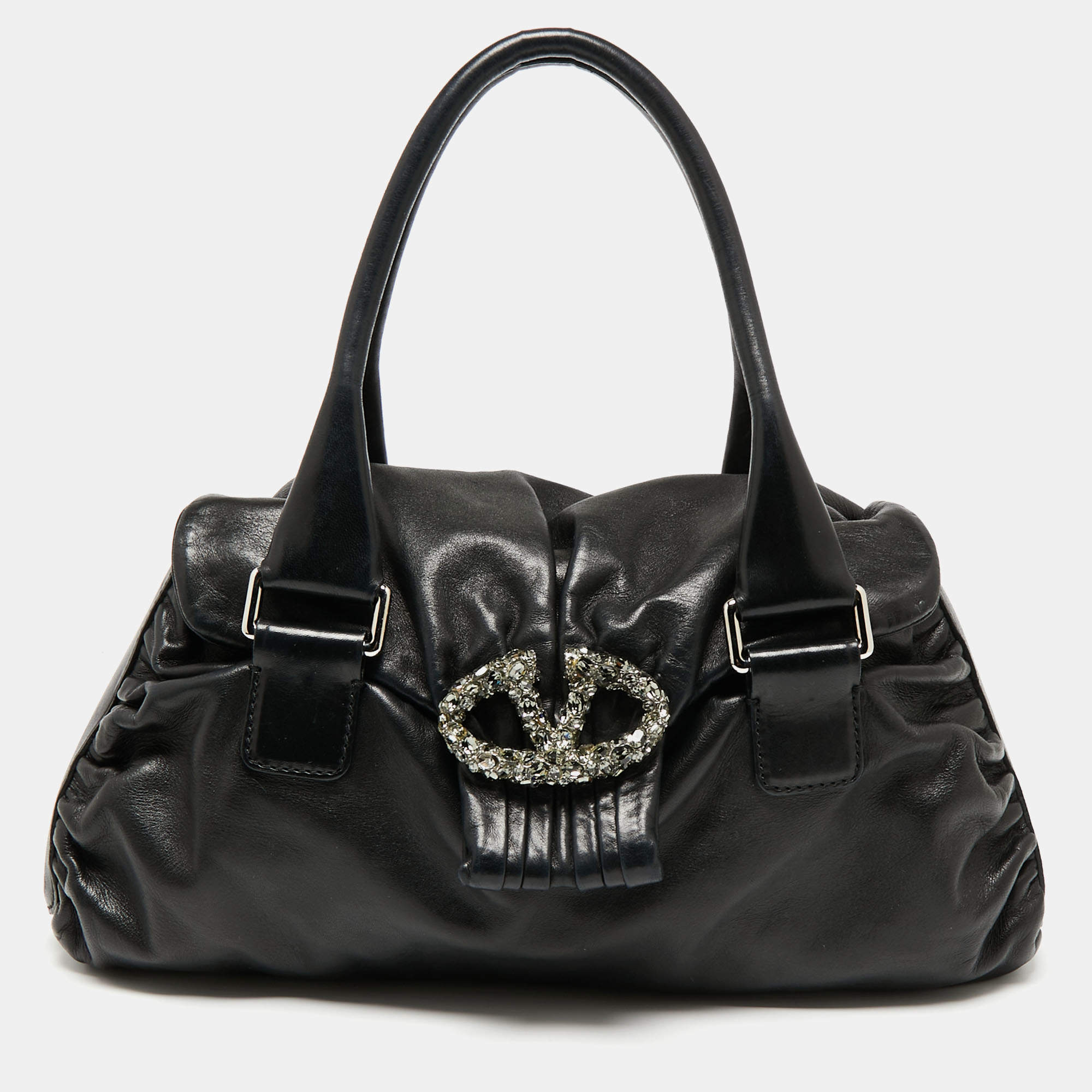 Pre Owned Valentino Black Leather Crystal Embellished Logo Flap Satchel