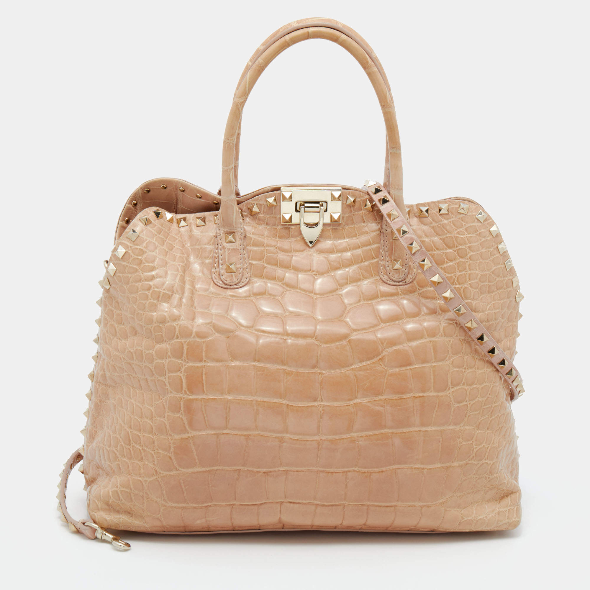 Valentino Beige Crocodile Leather Rockstud Tote