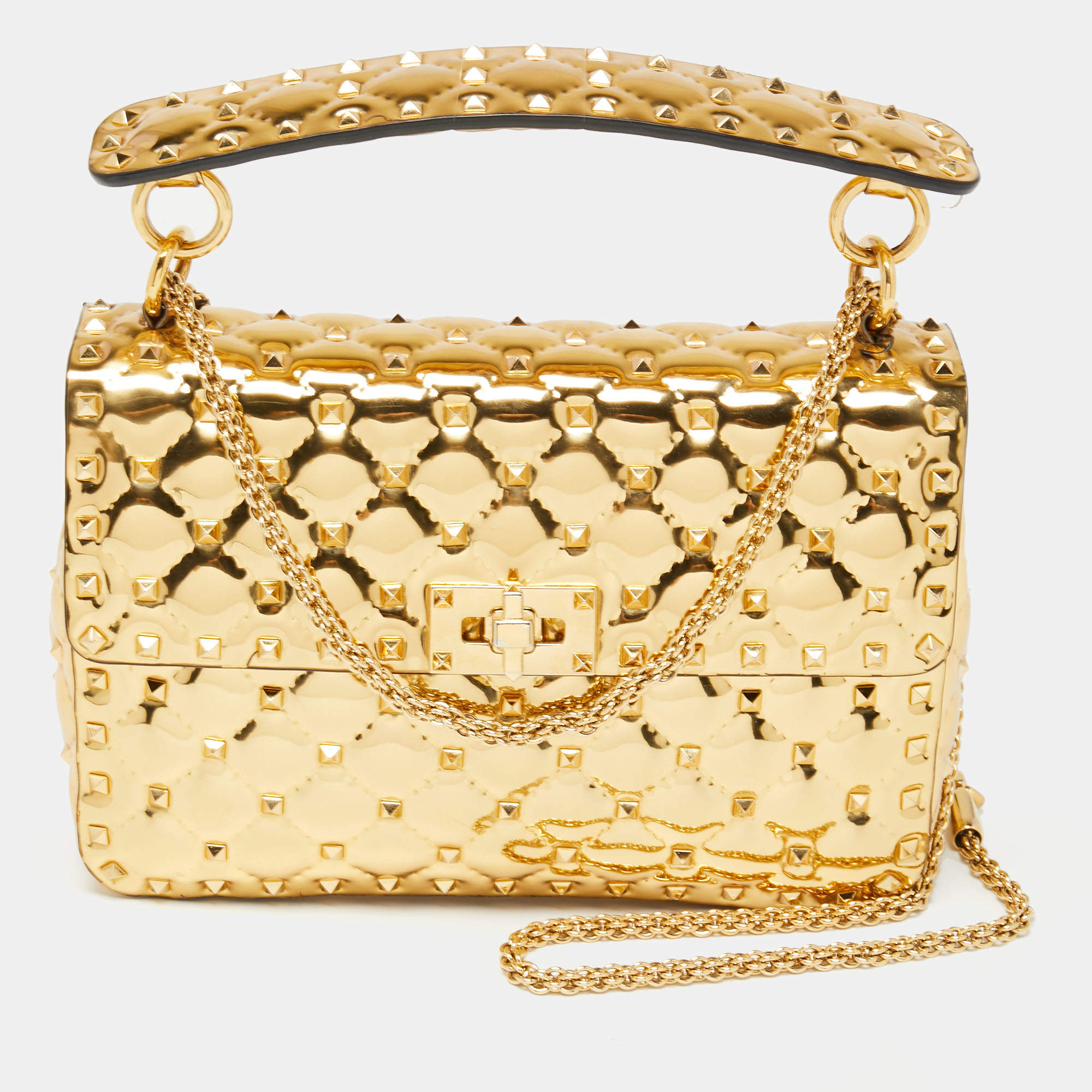 مملوكة مسبقًا Valentino Metallic Gold Patent Leather Medium Rockstud Spike Top Handle Bag