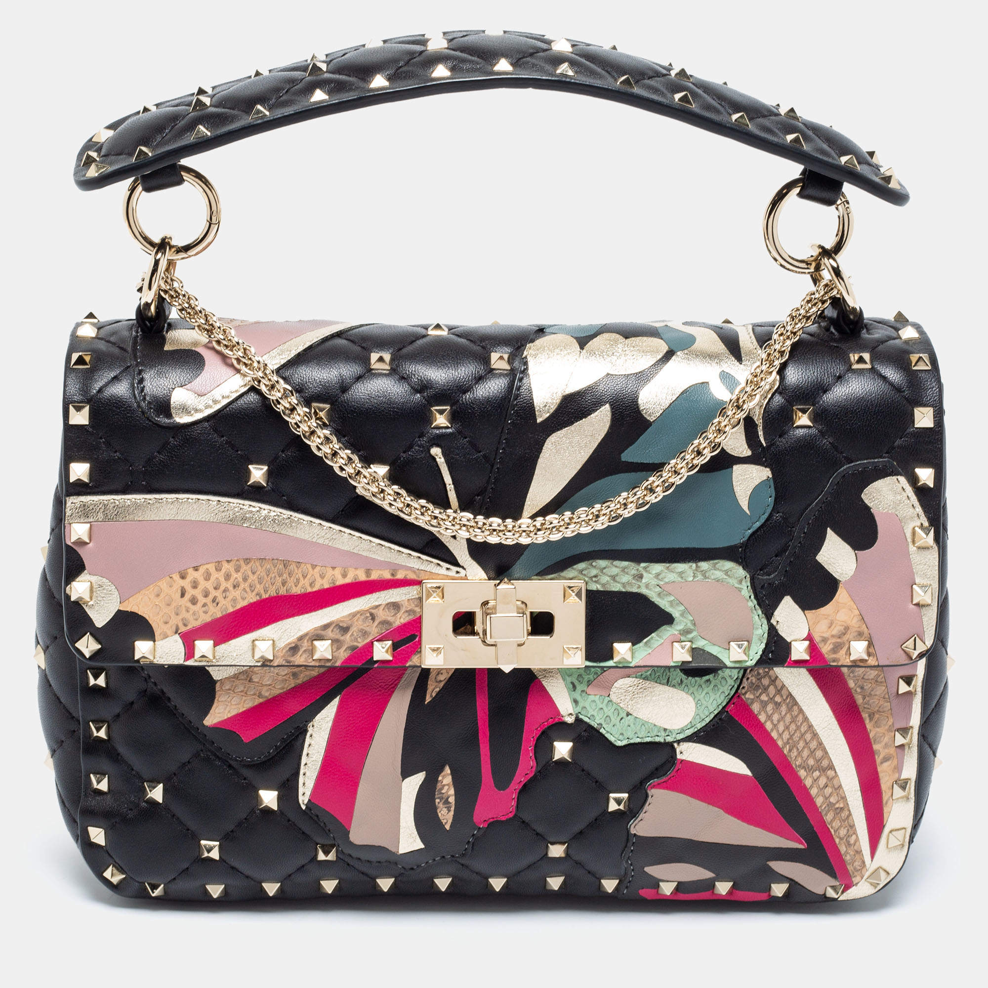 Valentino Black Quilted Leather Medium Rockstud Spike.It With Butterfly  Patches Shoulder Bag Valentino