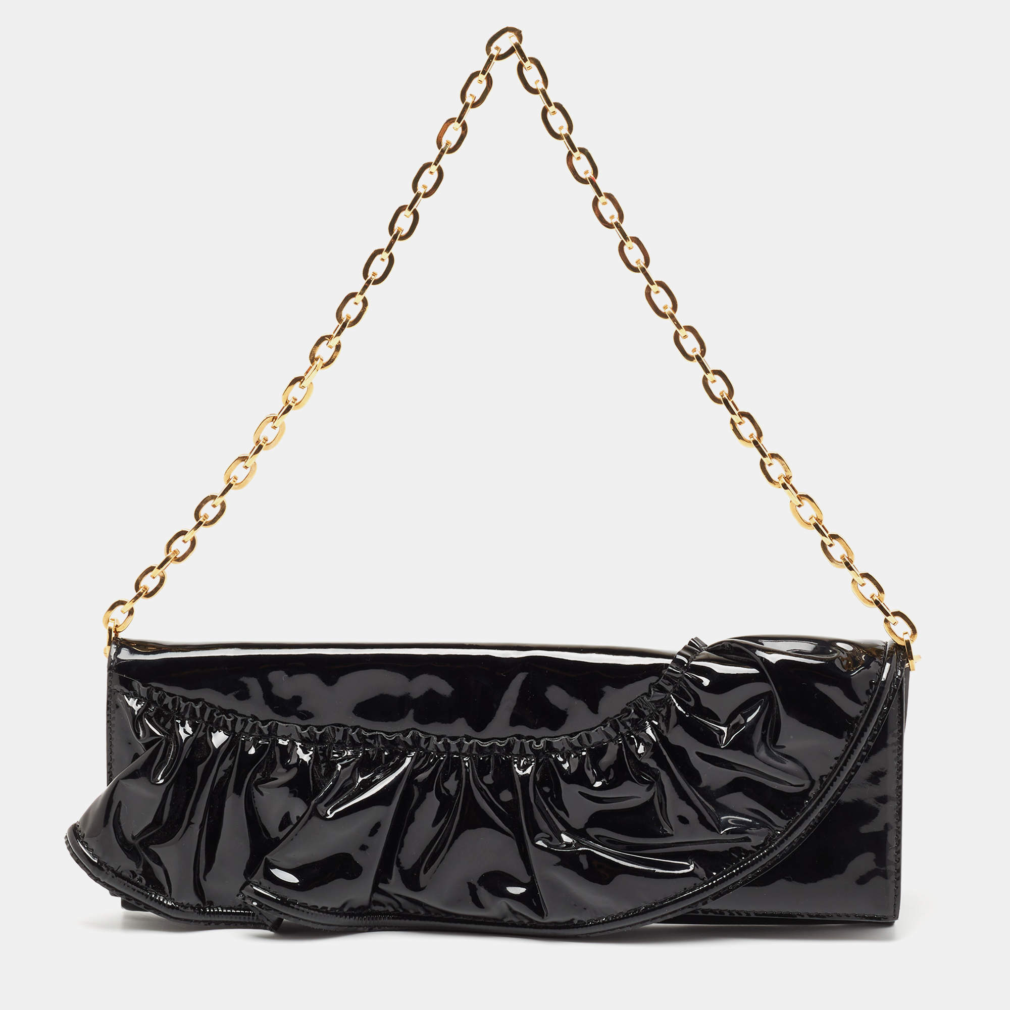 مملوكة مسبقًا Valentino Black Patent Leather Ruffle Chain Clutch