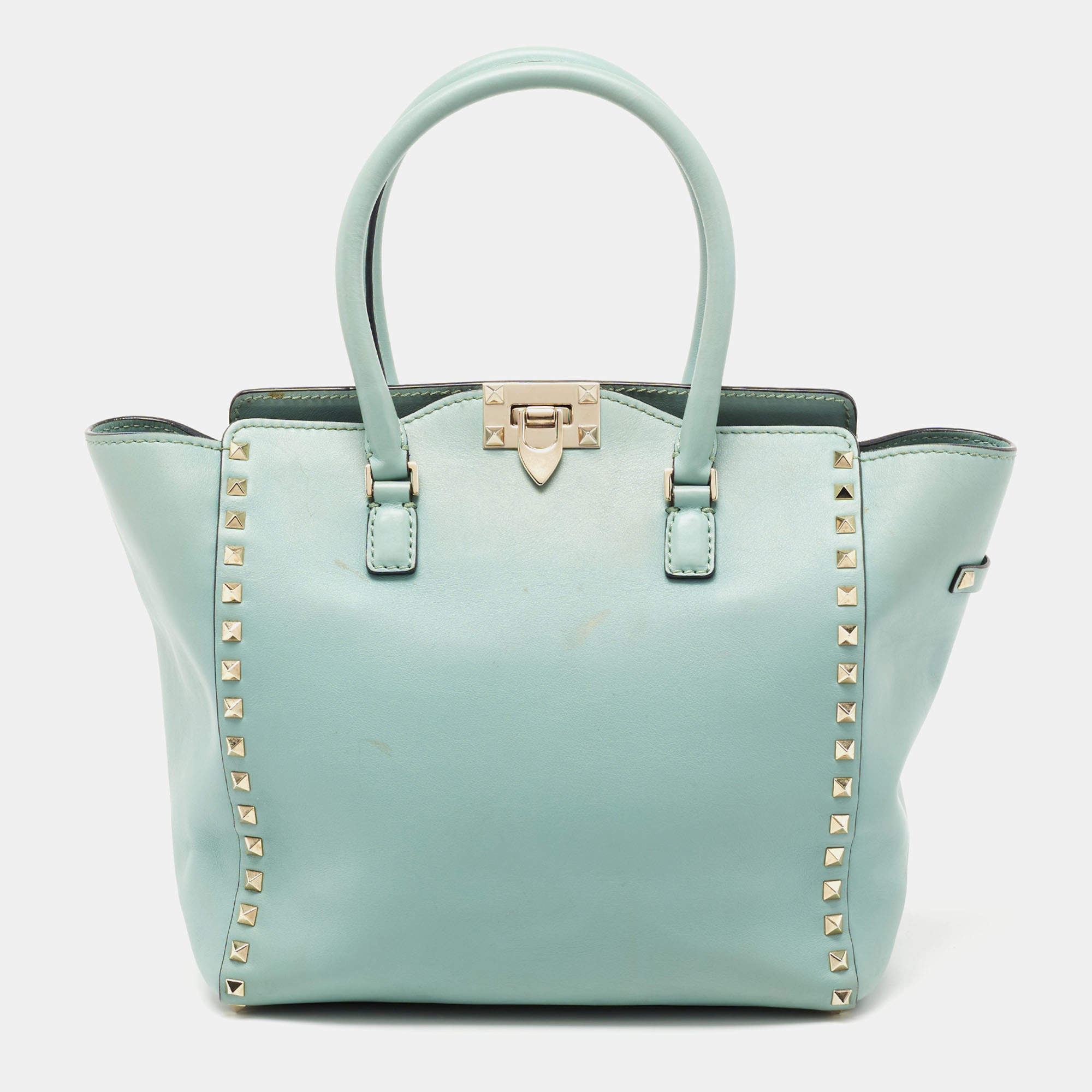 Pre Owned Valentino Mint Green Leather Small Rockstud Trapeze Tote