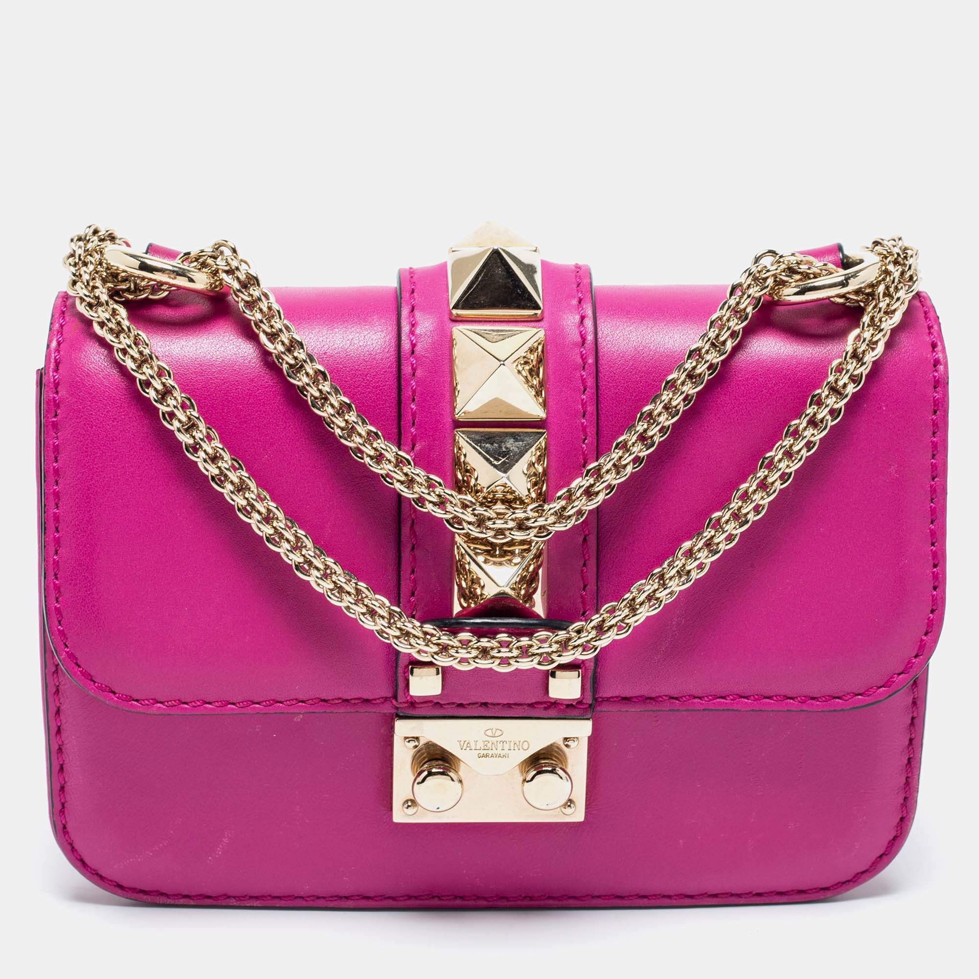 Valentino Fuchsia Leather Mini Rockstud Glam Lock Shoulder Bag