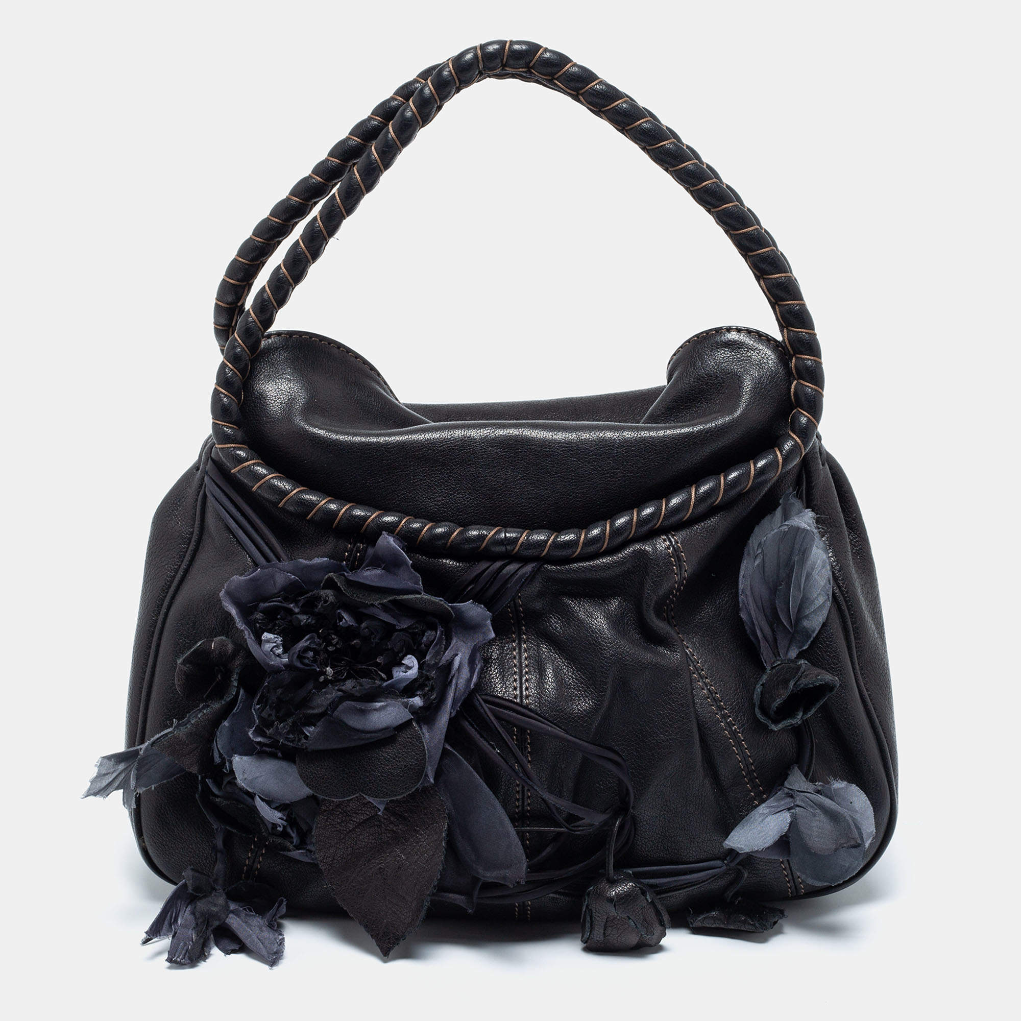 Pre Owned Valentino Black Leather And Silk Flower Embellishment Shoulder Bag