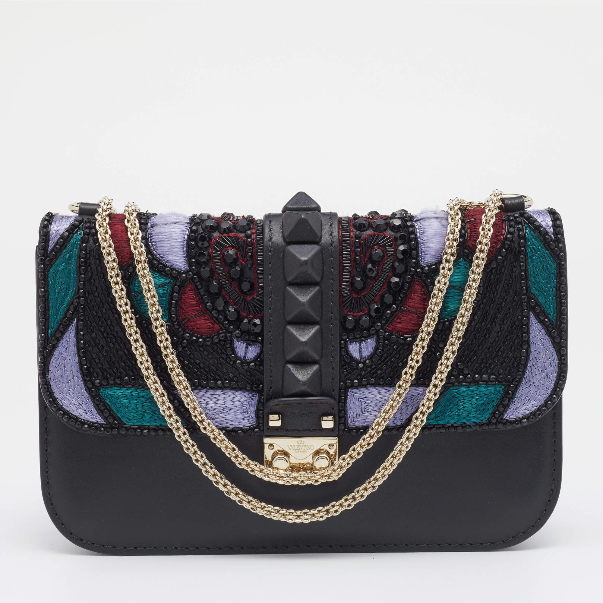 مملوكة مسبقًا حقيبة كتف فالنتينو جلد أسود مزخرف مرصع قفل غلام بسلسلة