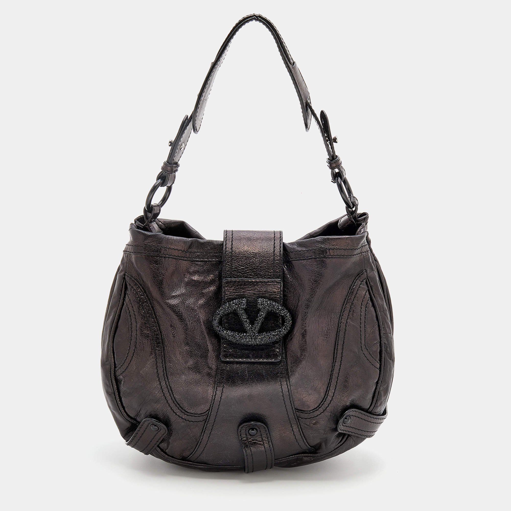 Pre Owned Valentino Dark Brown Leather Crystal Embellished Catch Hobo