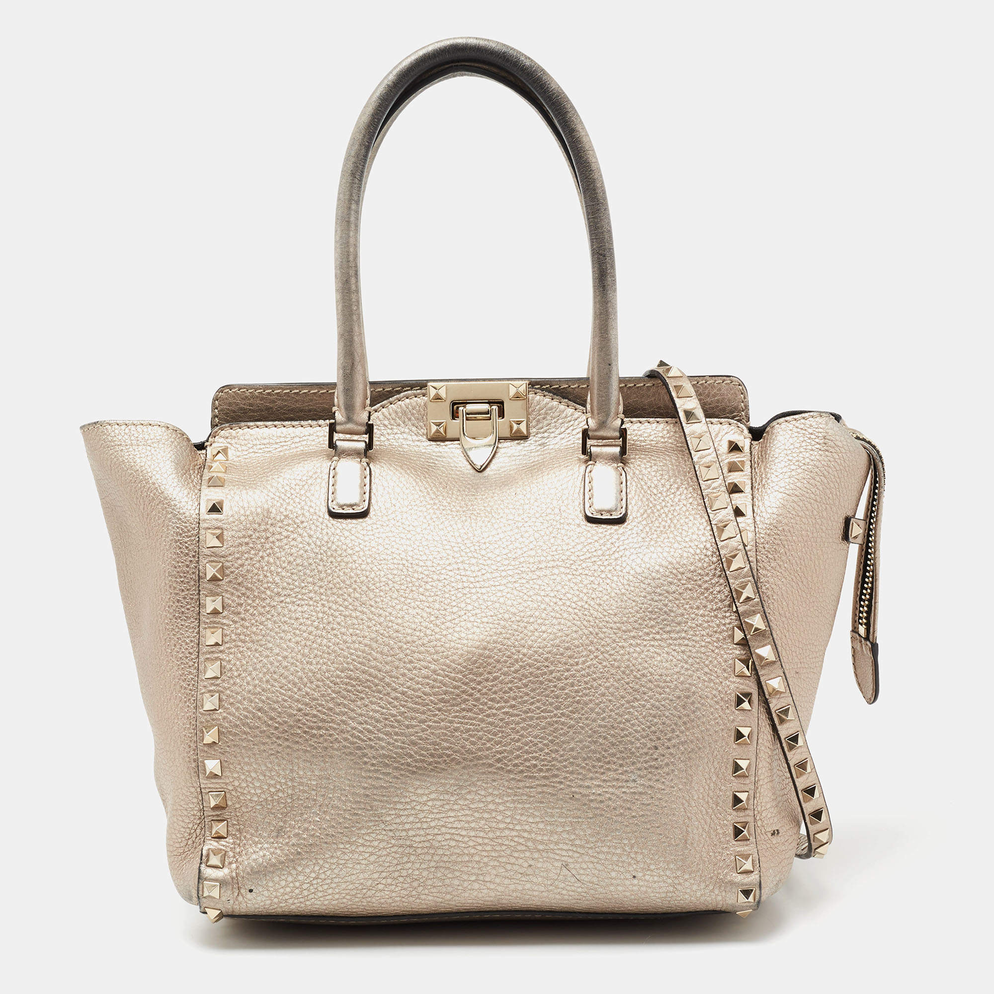 Pre Owned Valentino Metallic Grey Leather Rockstud Trapeze Tote