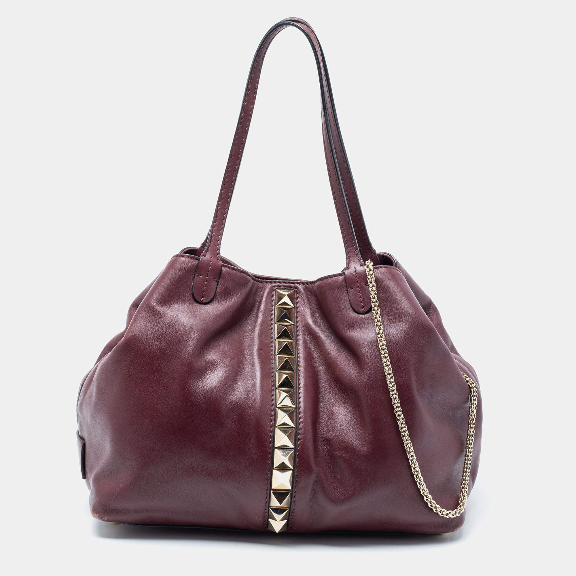 Pre Owned Valentino Burgundy Leather Rockstud Va Va Voom Tote 