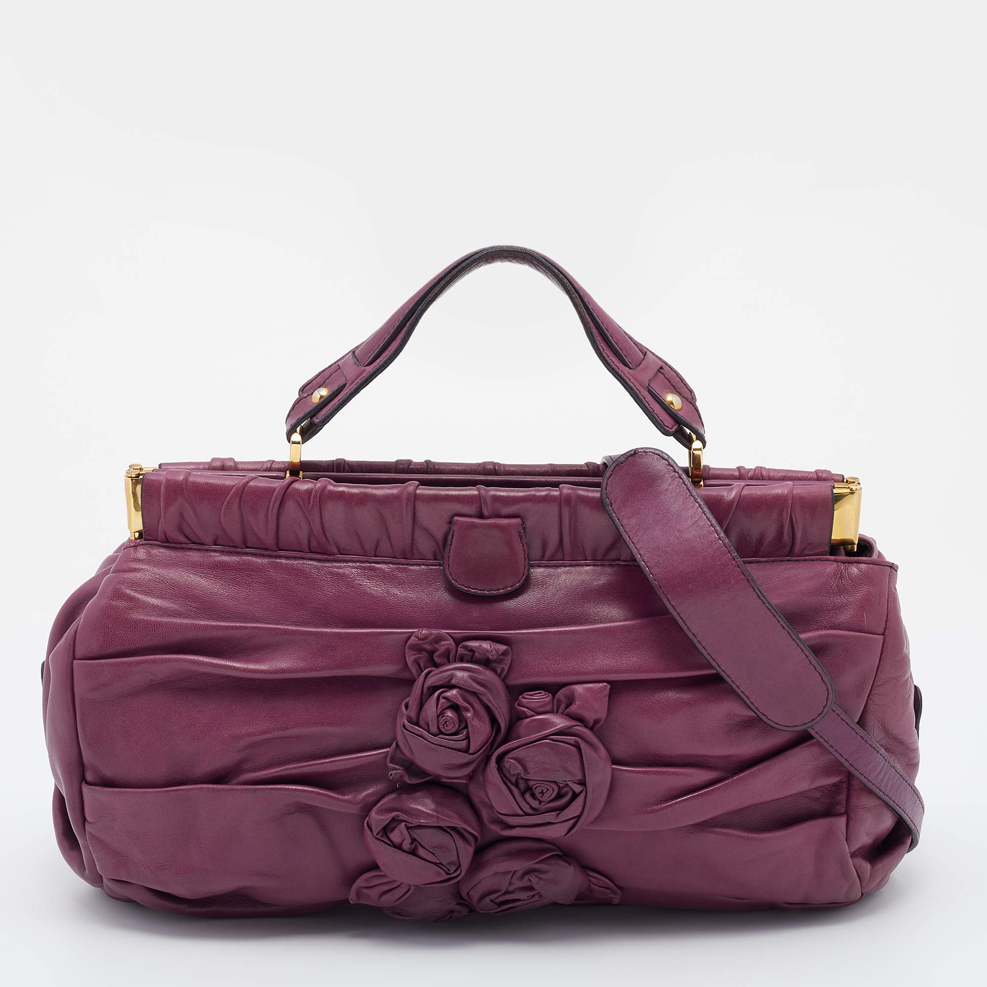 Pre Owned Valentino Purple Leather Rose Frame Top Handle Bag