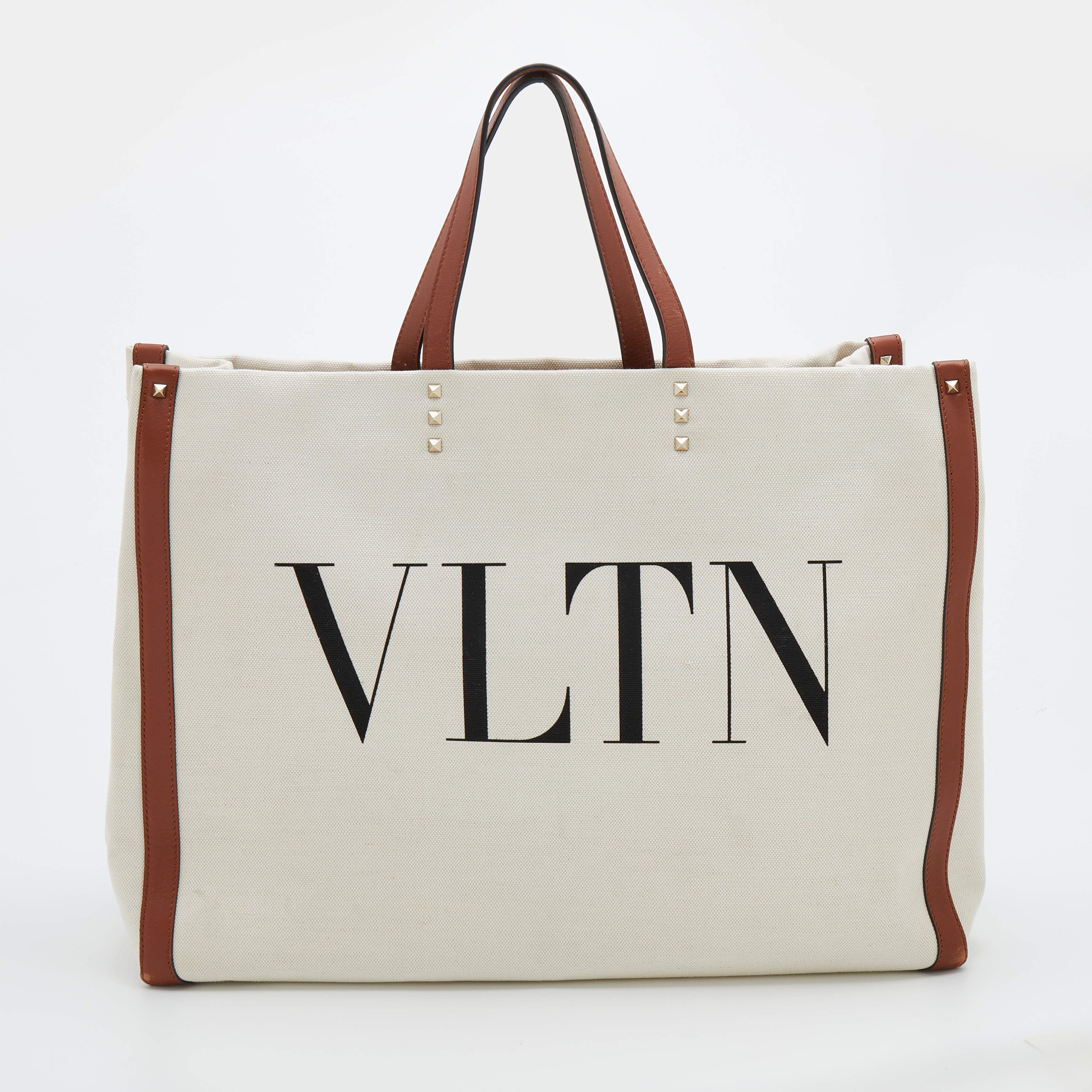 Valentino Off-White/Brown Canvas and Leather Large VLTN Logo Tote ...