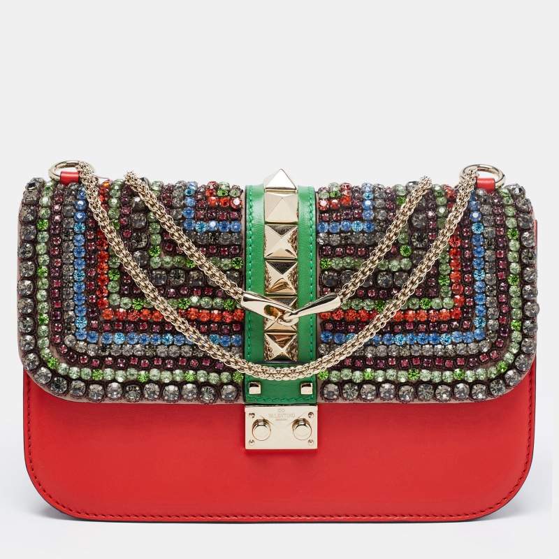 مملوكة مسبقًا Valentino Multicolor Leather Medium Embellished Rockstud Glam Lock Flap Bag
