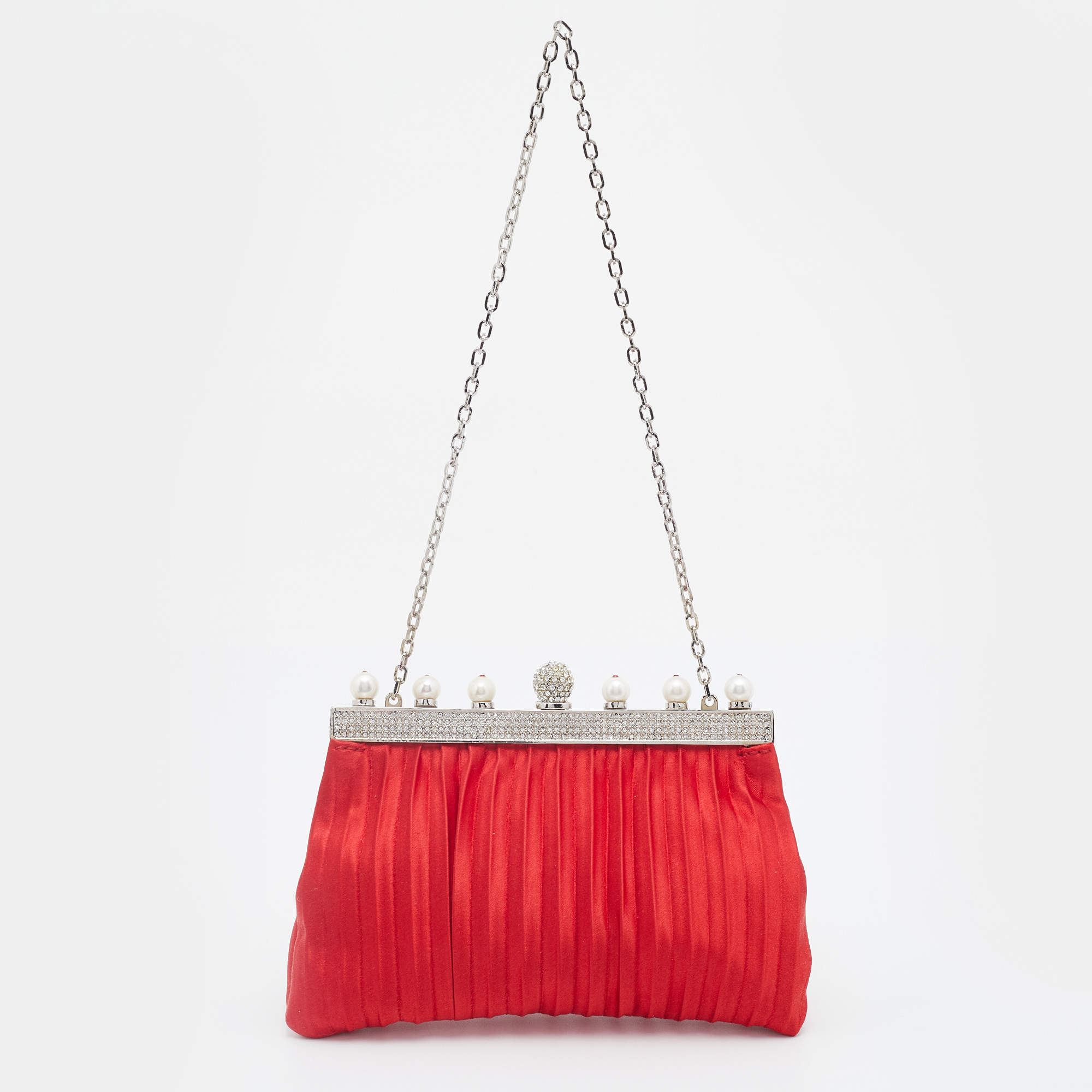 Valentino Red Satin Crystal and Pearl Embellished Frame Chain Clutch