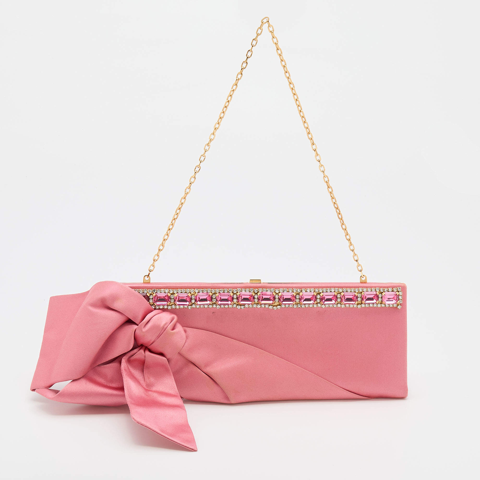 Pre Owned Valentino Pink Satchel Stone Embellisehd Bow Frame Chain Clutch