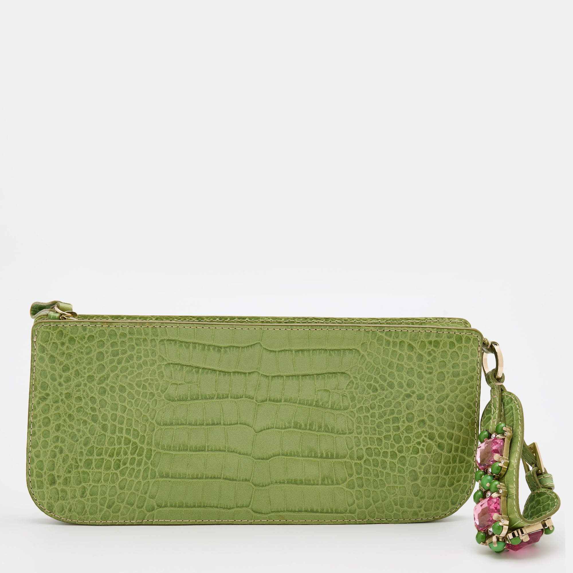 Pre Owned Valentino Green Croc Embossed Leather Crystal Embellished Clutch