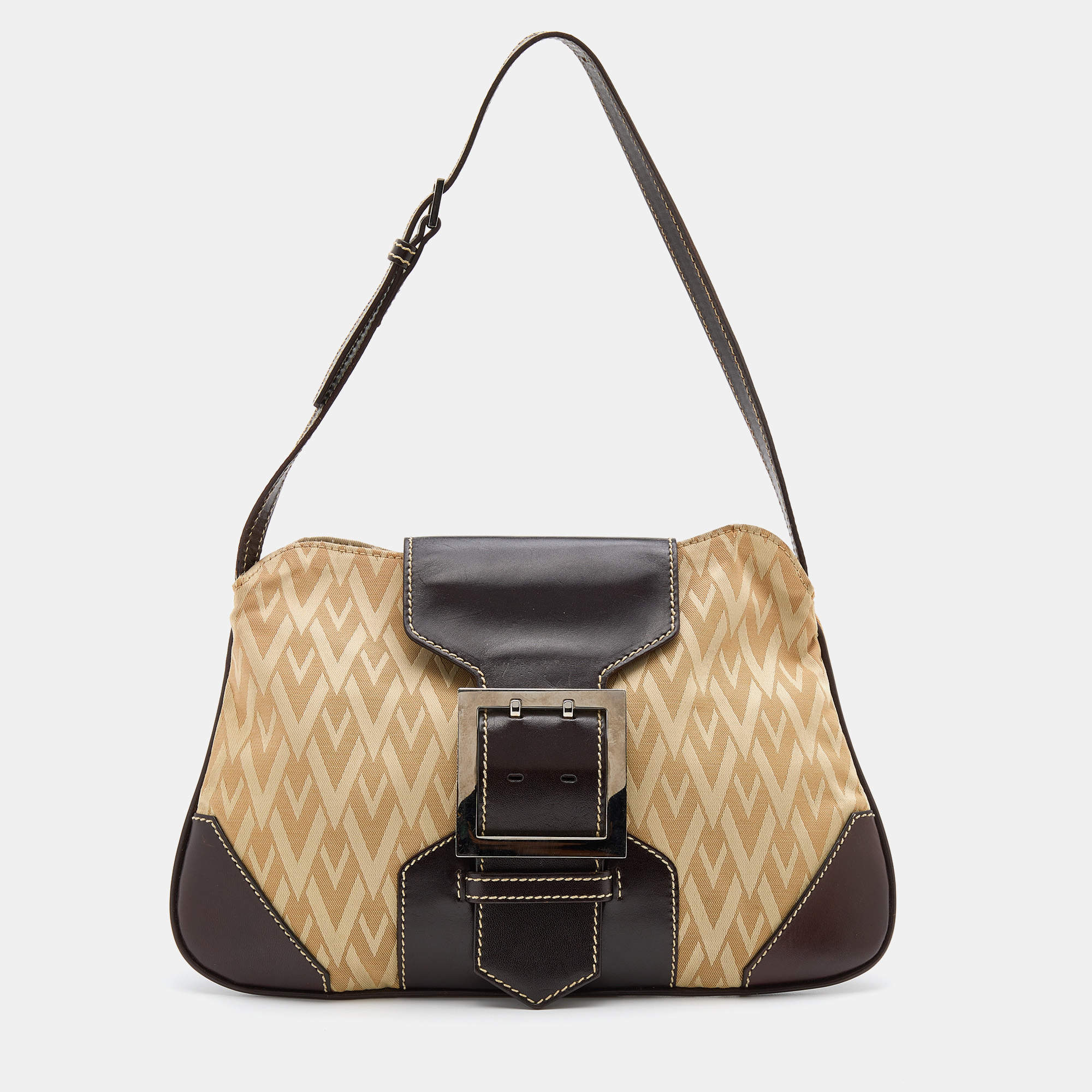 Pre Owned Valentino Beige/Dark Brown V Fabric and Leather Flap Baguette