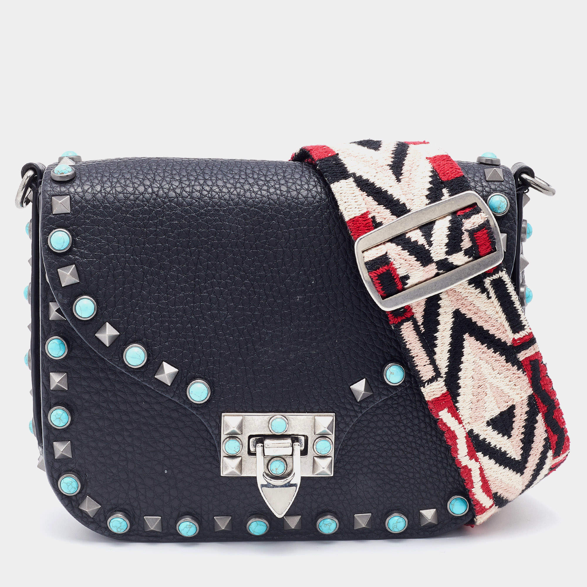 Pre Owned Valentino Black Leather Rolling Rockstud Shoulder Bag