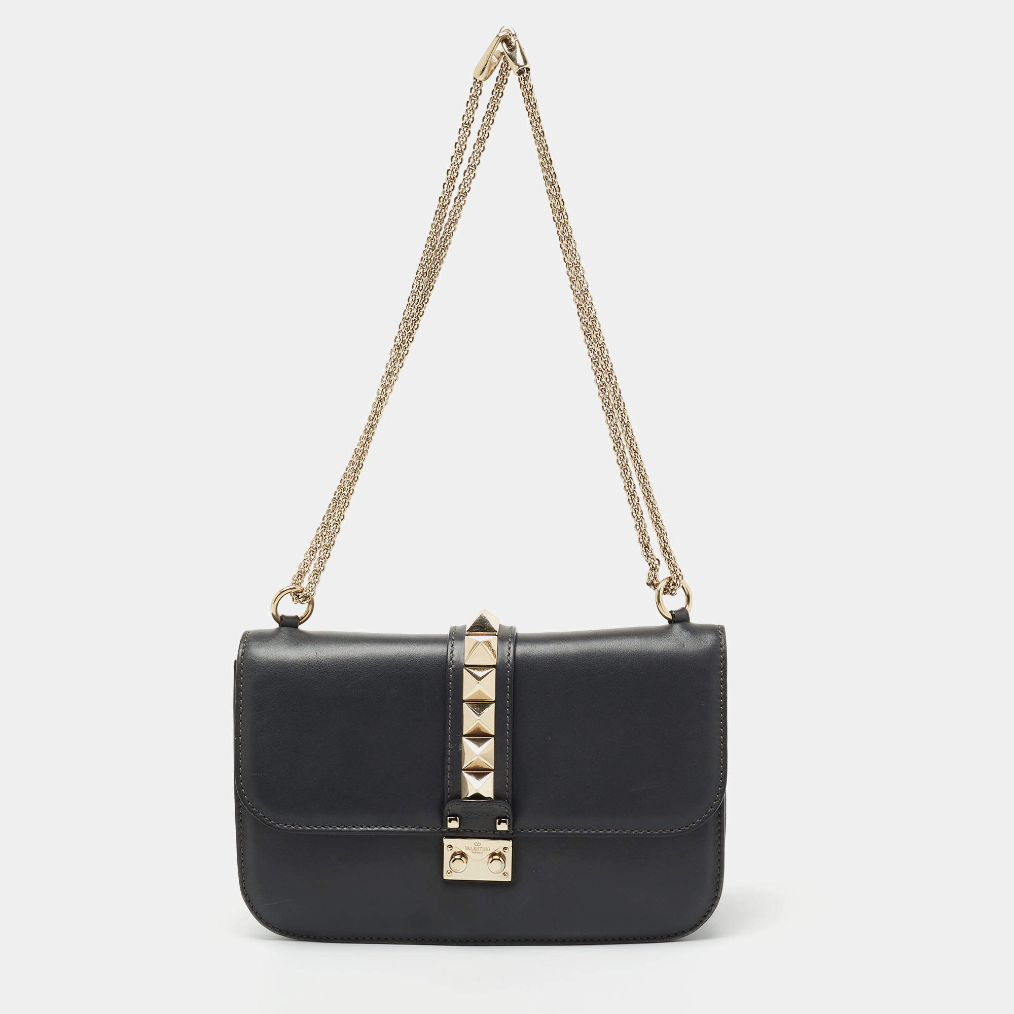 Pre Owned Valentino Dark Grey Leather Rockstud Medium Glam Lock Flap Shoulder Bag