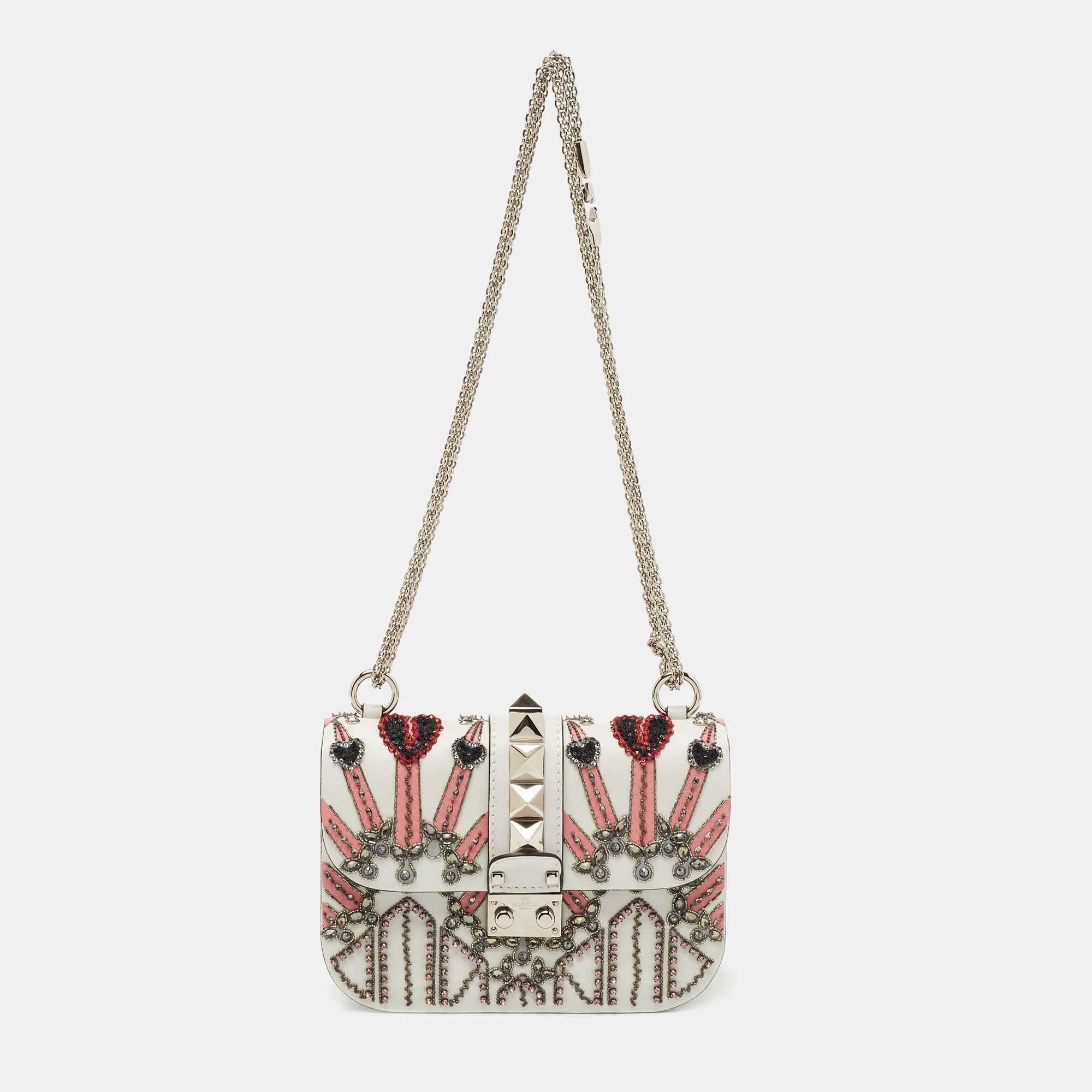 Pre Owned Valentino White Leather Small Crystal, Beaded Embellished Rockstud Glam Lock Flap Bag