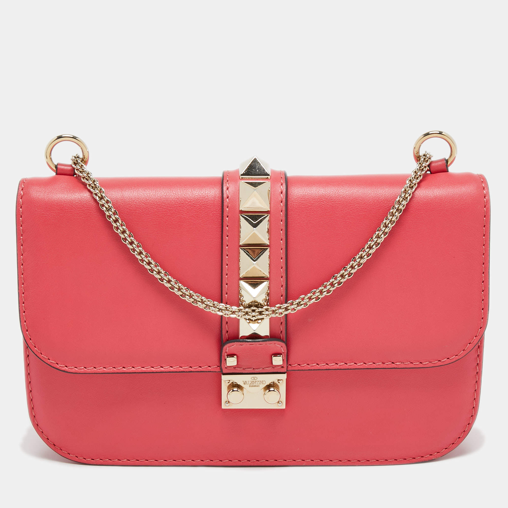 Pre Owned Valentino Pink Leather Medium Rockstud Glam Lock Flap Bag