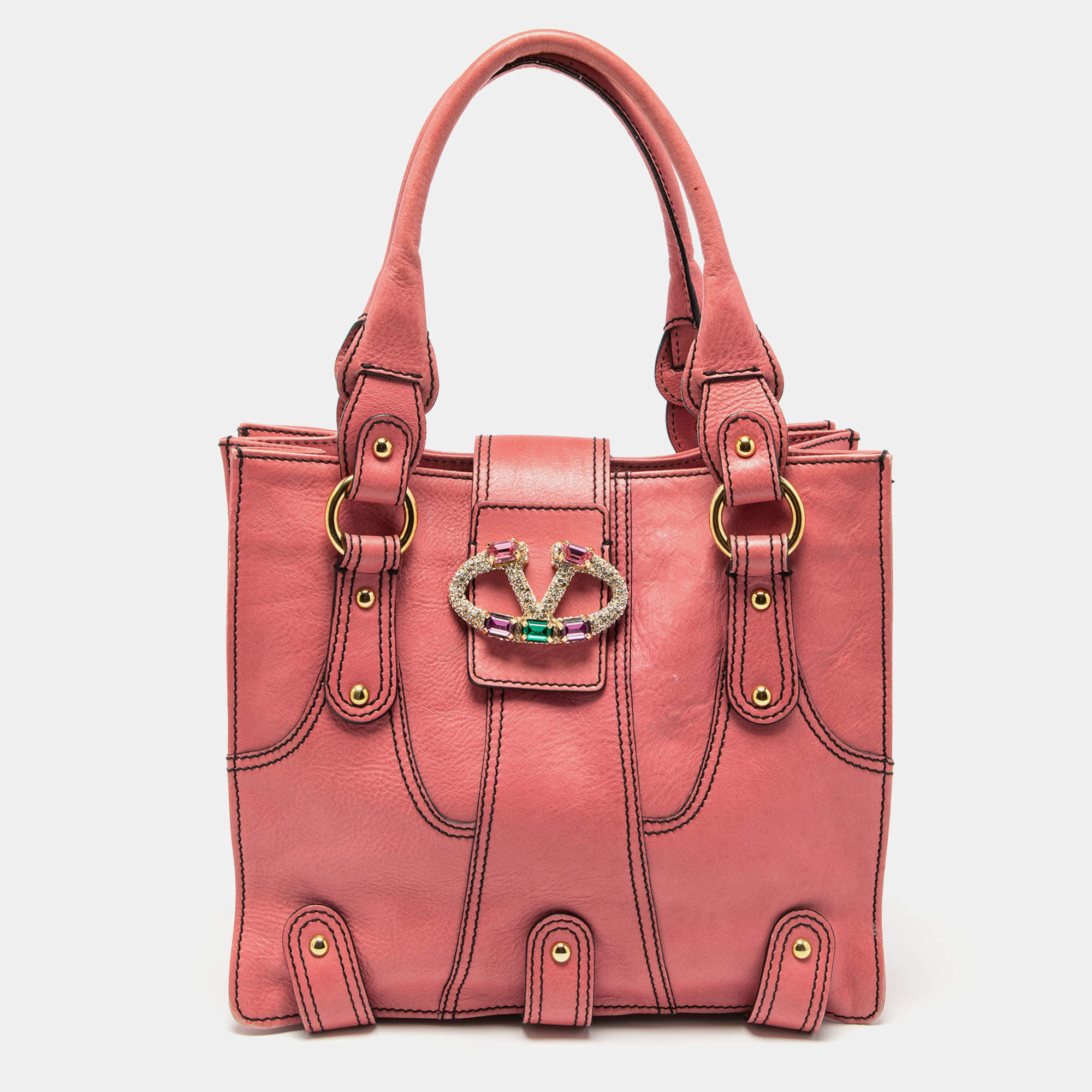 Pre Owned Valentino Pink Leather Crystal V Logo Tote