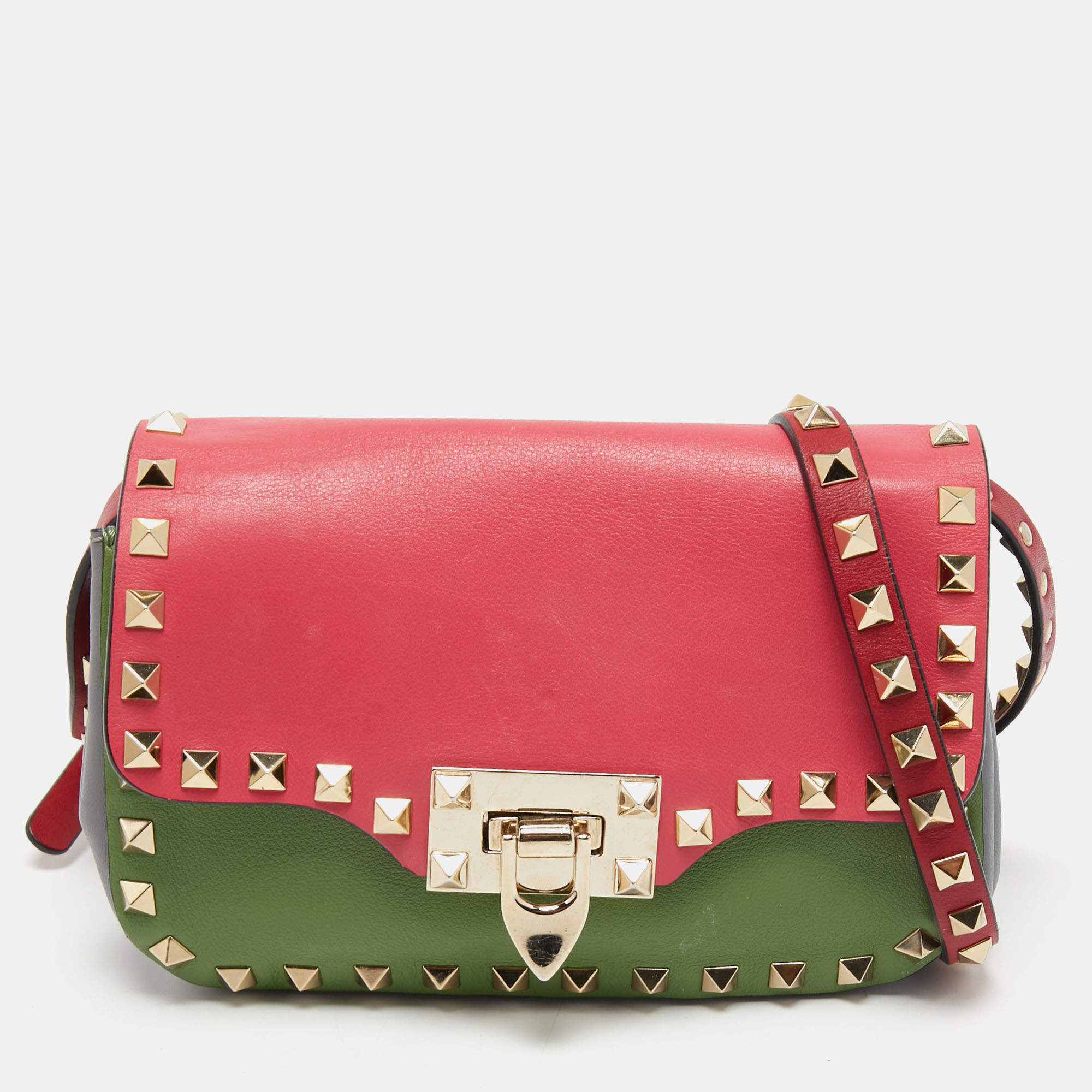 Pre Owned Valentino Tri Color Leather Rockstud Flip Lock Flap Shoulder Bag