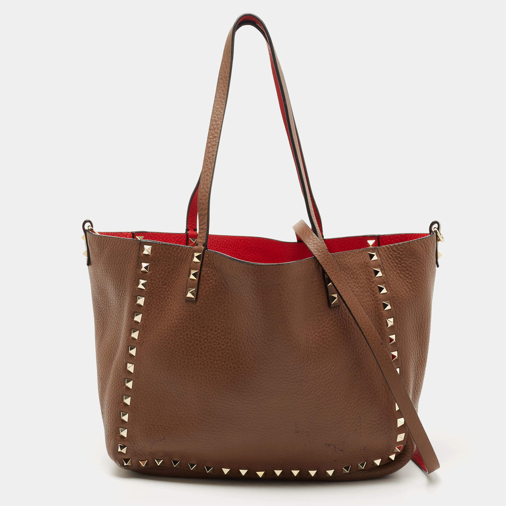 Pre Owned Valentino Brown/Red Leather Rockstud Reversible Tote