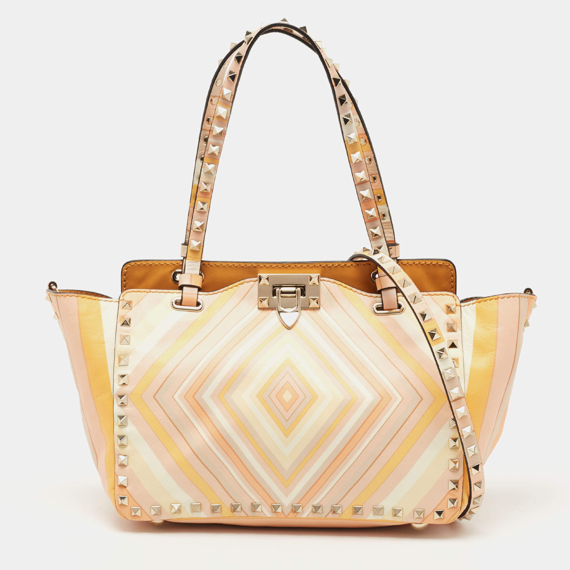 Pre Owned Valentino Multicolor 1975 Striped Leather Small Rockstud Trapeze Tote