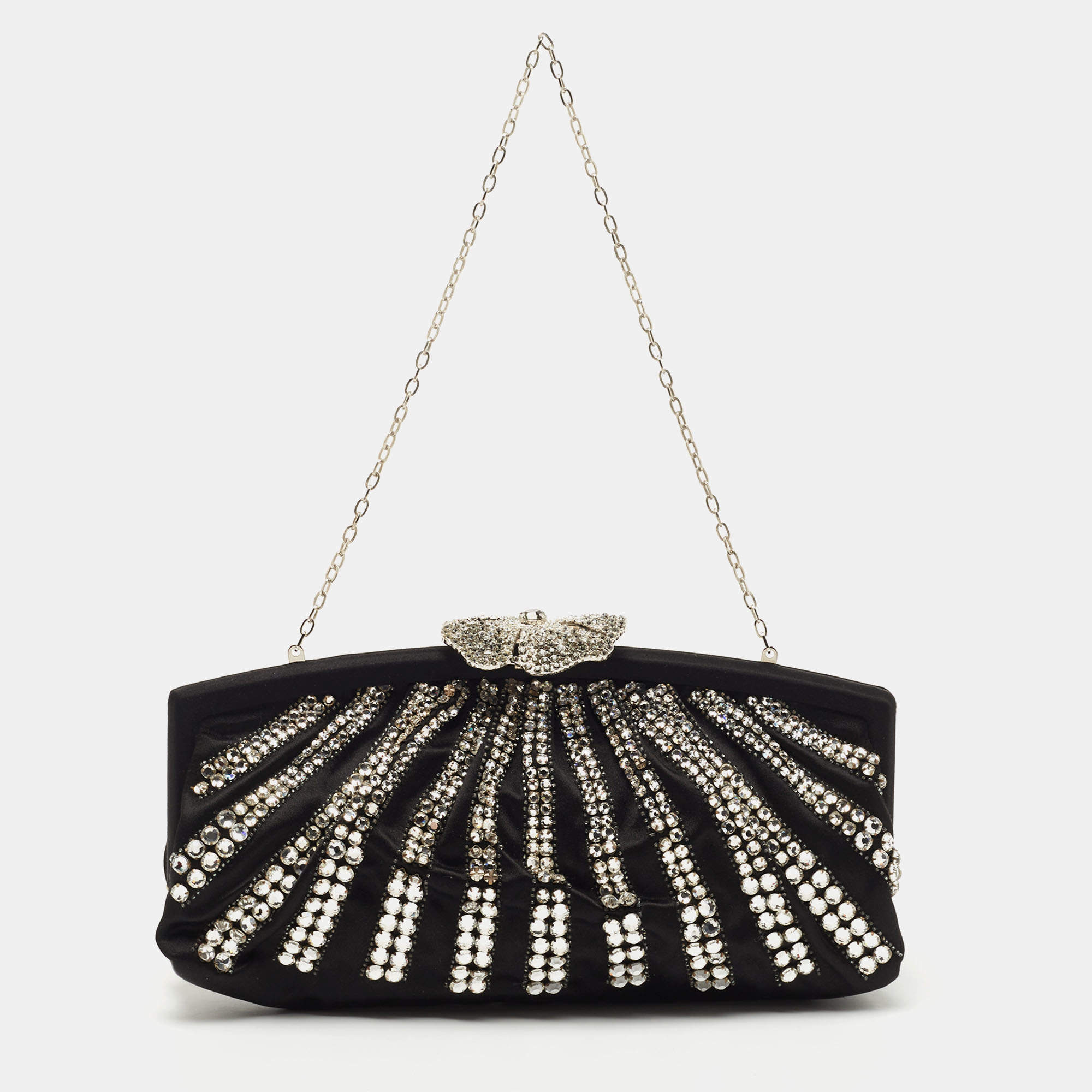 Pre Owned Valentino Black Satin Crystal Embellished Chain Clutch