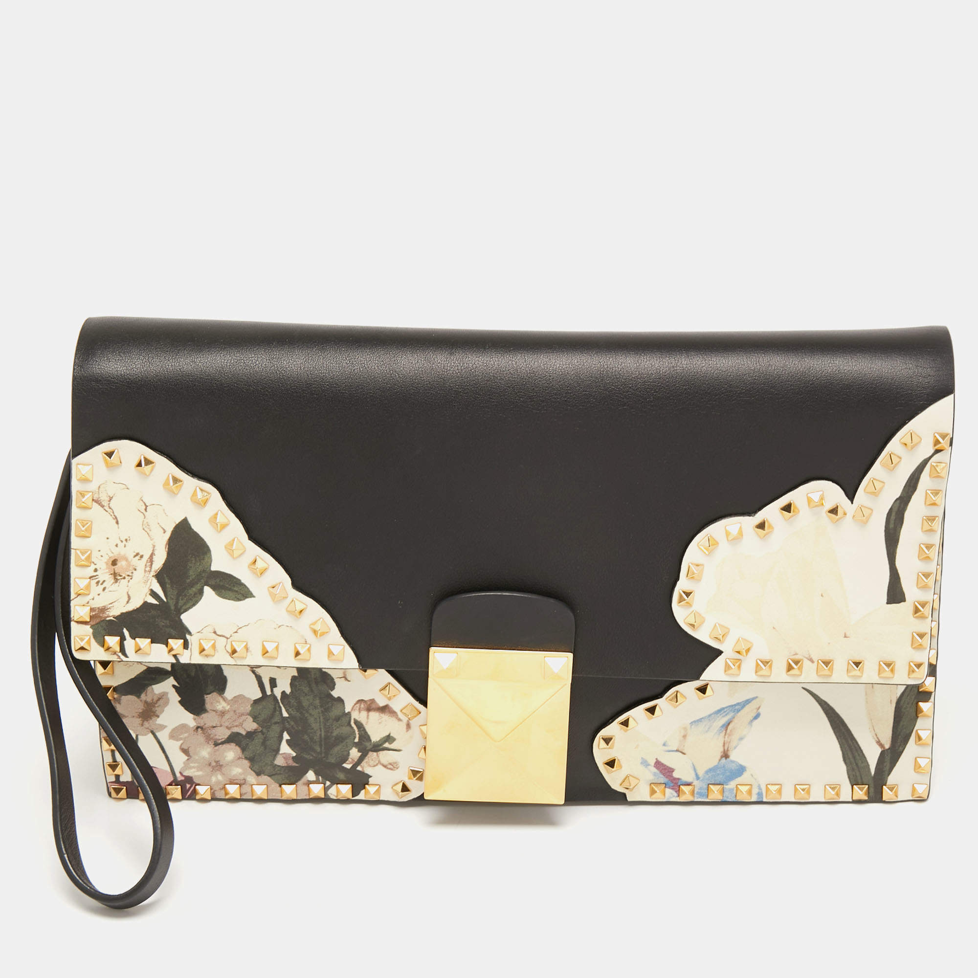 Pre Owned Valentino Black/Cream Floral Print Leather Rockstud Wristlet Clutch